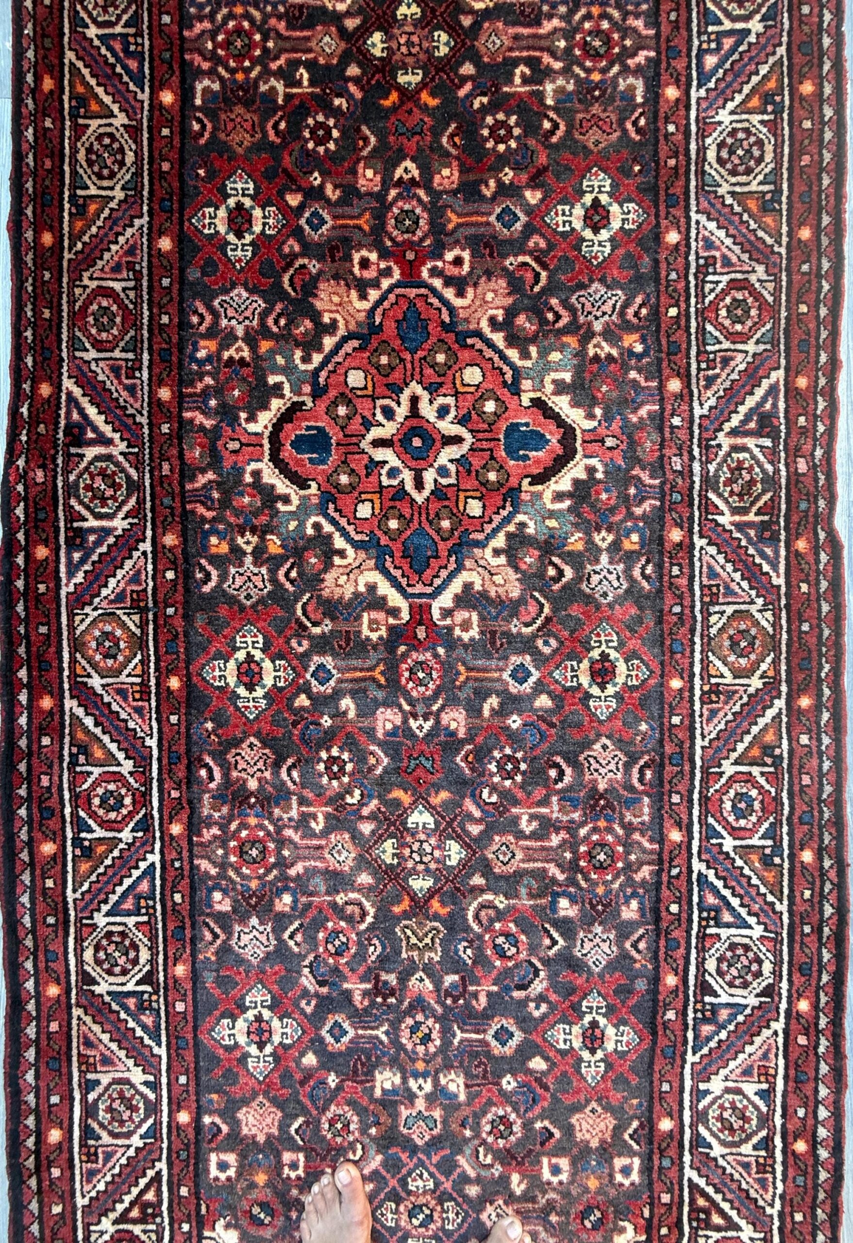 3.8×9.10 ft Vintage 1930s Anatolian Runner Rug: Hand Knotted Wool Village Carpet, Geometric Tribal Design