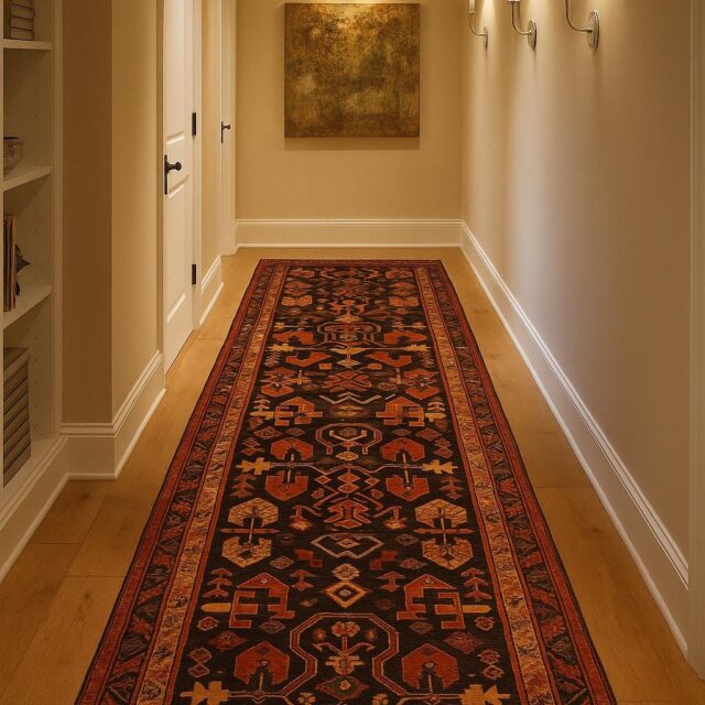3.6×13.8 ft Vintage 1930s Runner Rug: Anatolian Village Carpet, Hand Knotted Wool Long Geometric Tribal Rug