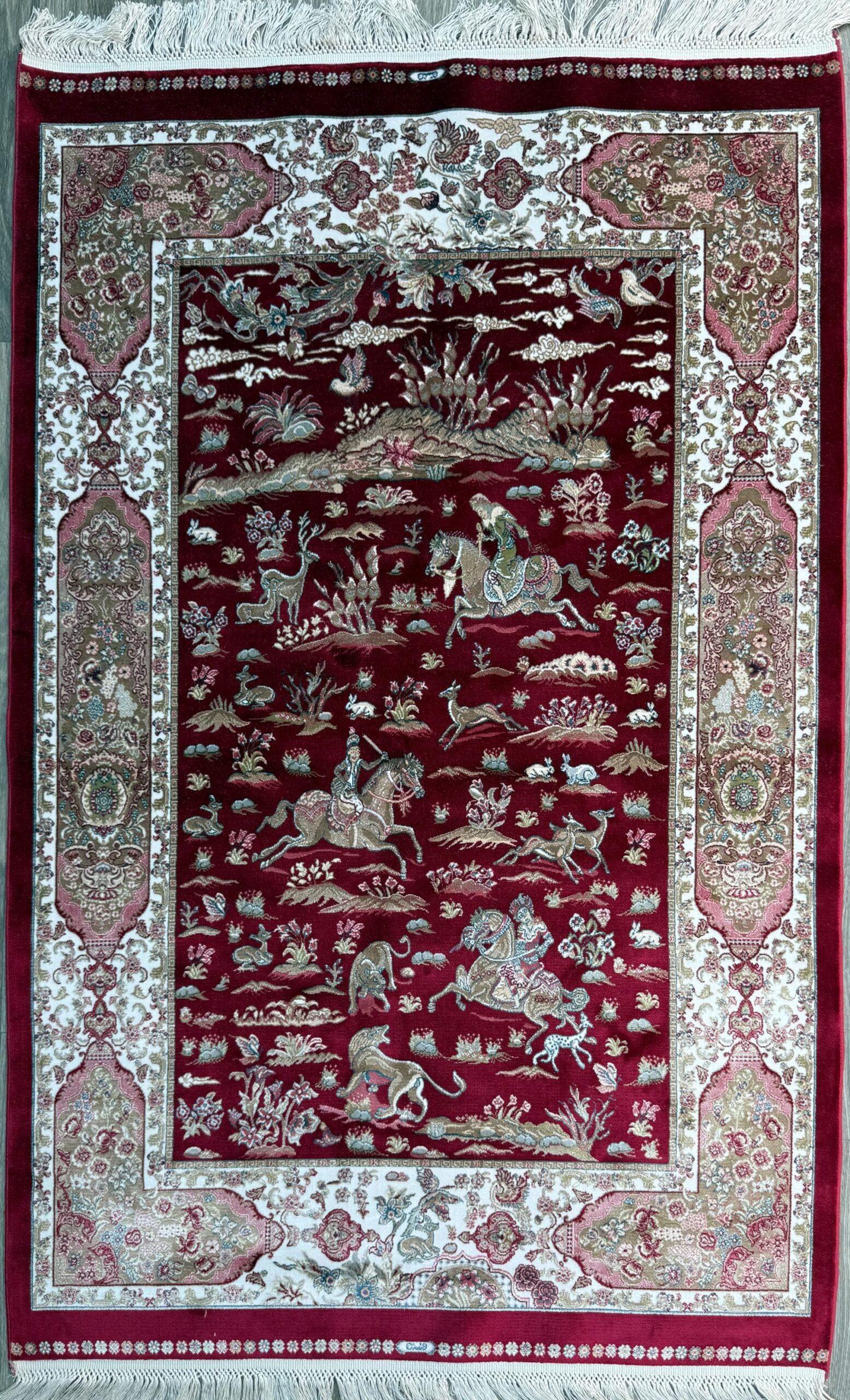 5×3 ft Signed Quomm Silk Rug: Hand Knotted Power Loomed Hunting Scene Carpet