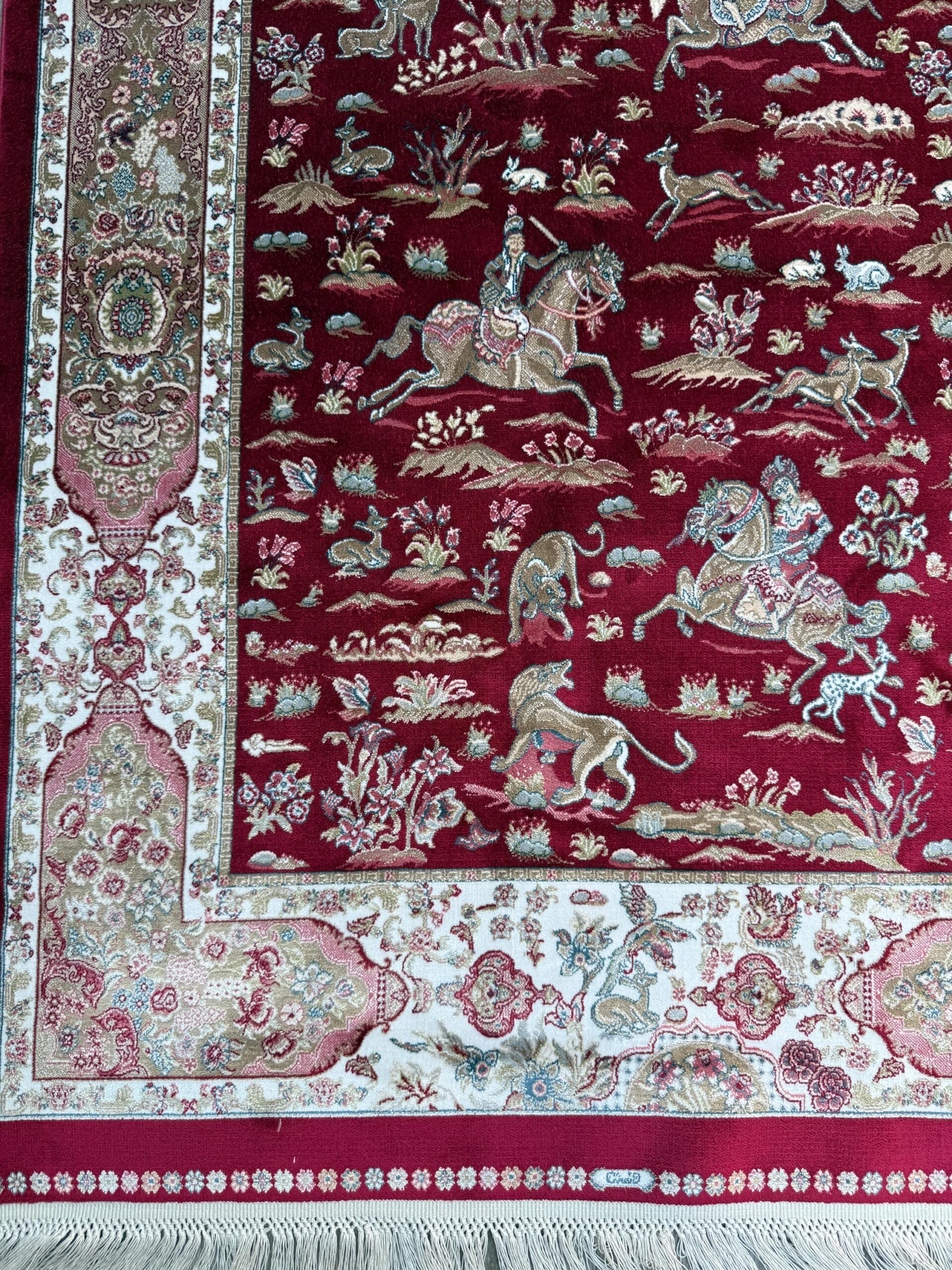 5×3 ft Signed Quomm Silk Rug: Hand Knotted Power Loomed Hunting Scene Carpet