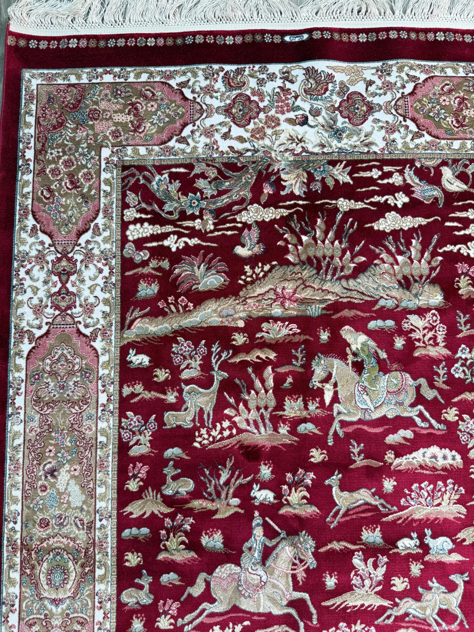5×3 ft Signed Quomm Silk Rug: Hand Knotted Power Loomed Hunting Scene Carpet