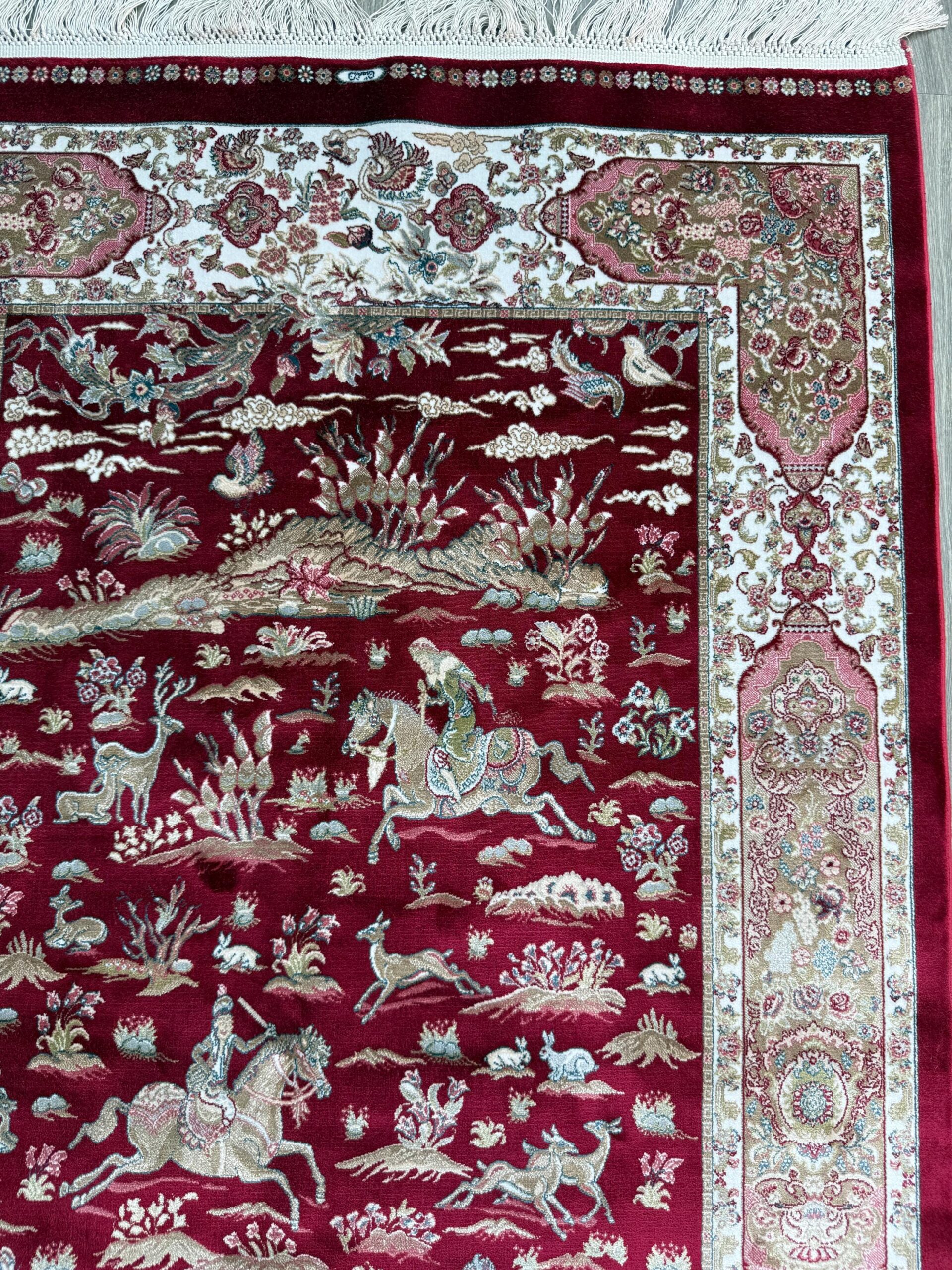 5×3 ft Signed Quomm Silk Rug: Hand Knotted Power Loomed Hunting Scene Carpet