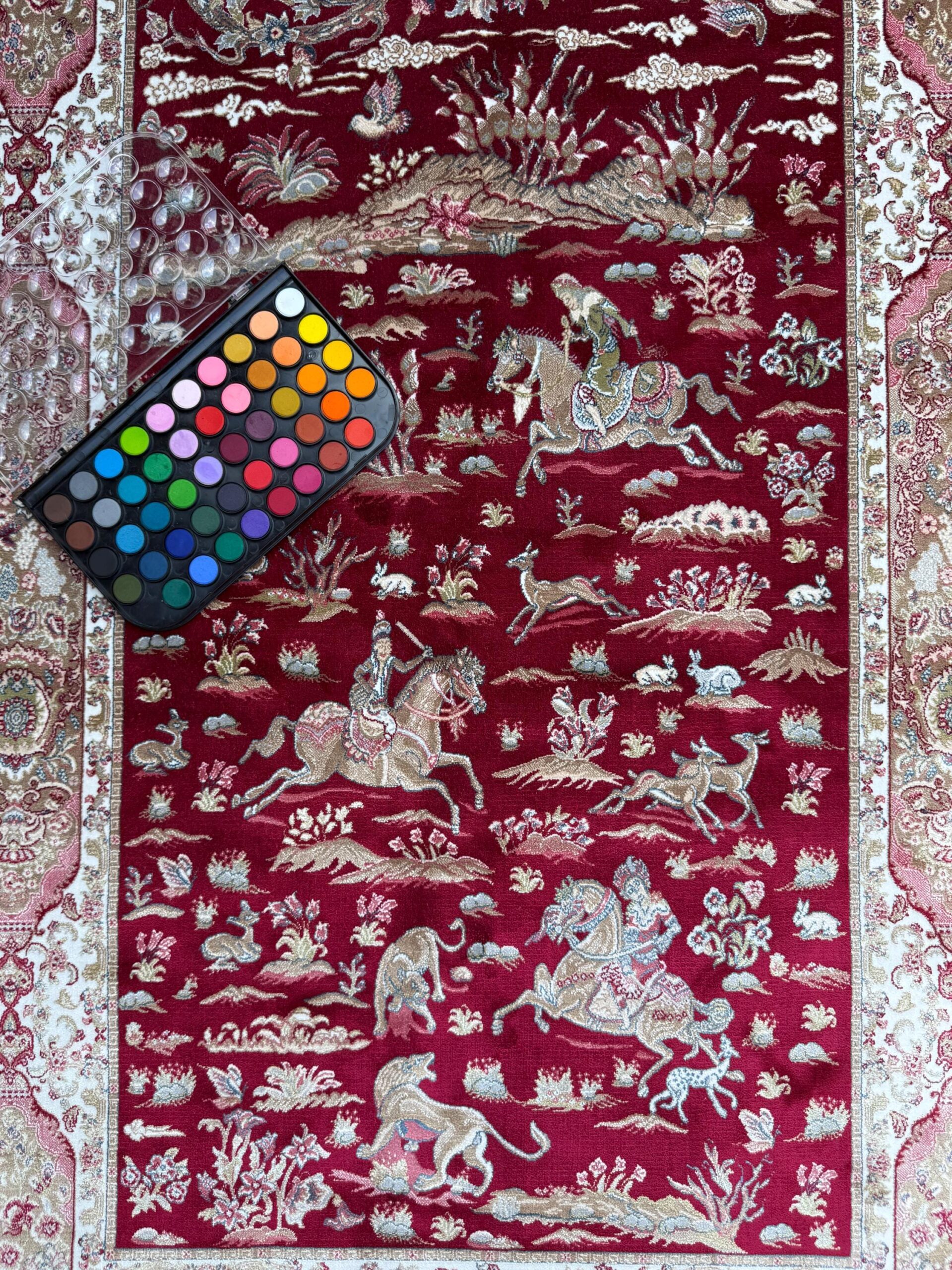 5×3 ft Signed Quomm Silk Rug: Hand Knotted Power Loomed Hunting Scene Carpet