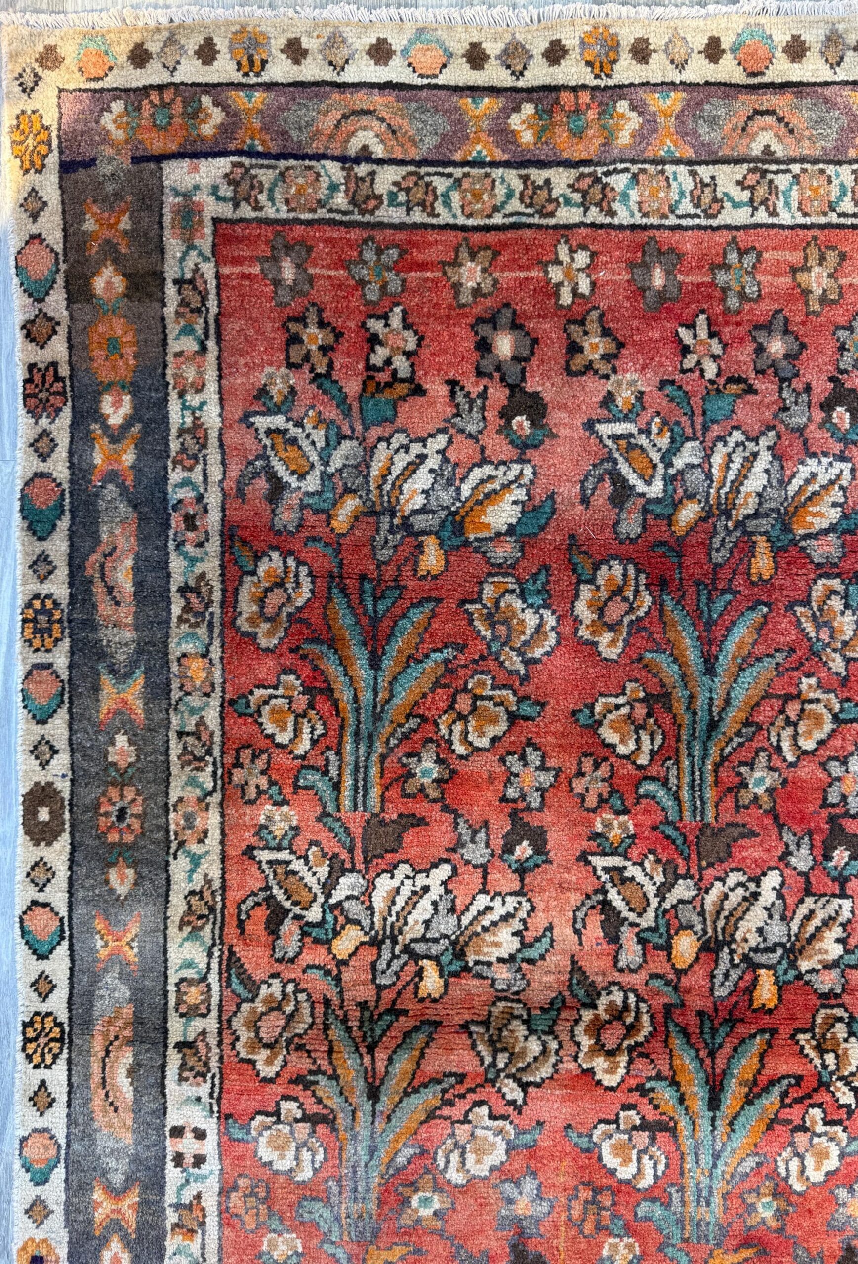 Vintage Turkish Rug 4×6 ft, Hand-Knotted Wool Floral Area Rug, Signed