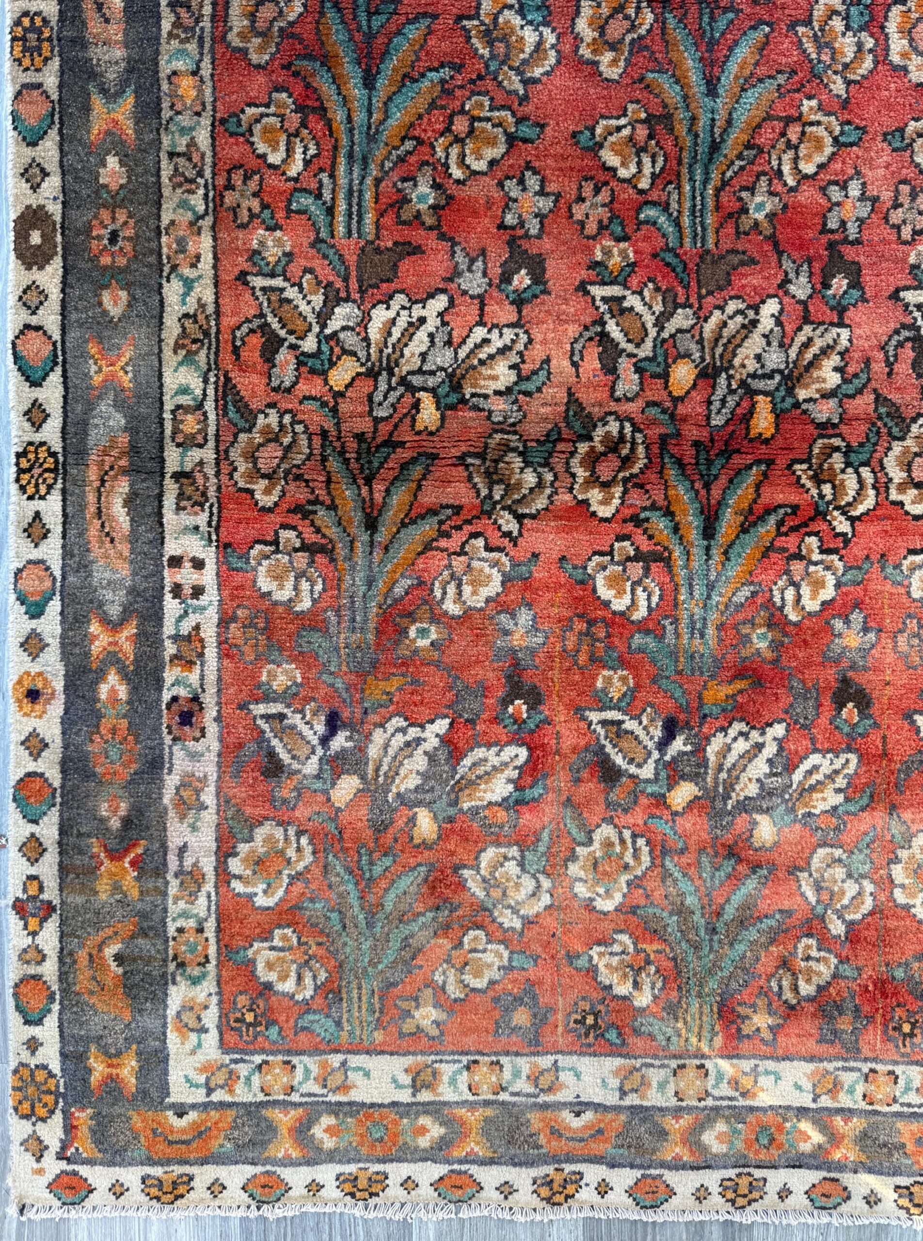 Vintage Turkish Rug 4×6 ft, Hand-Knotted Wool Floral Area Rug, Signed