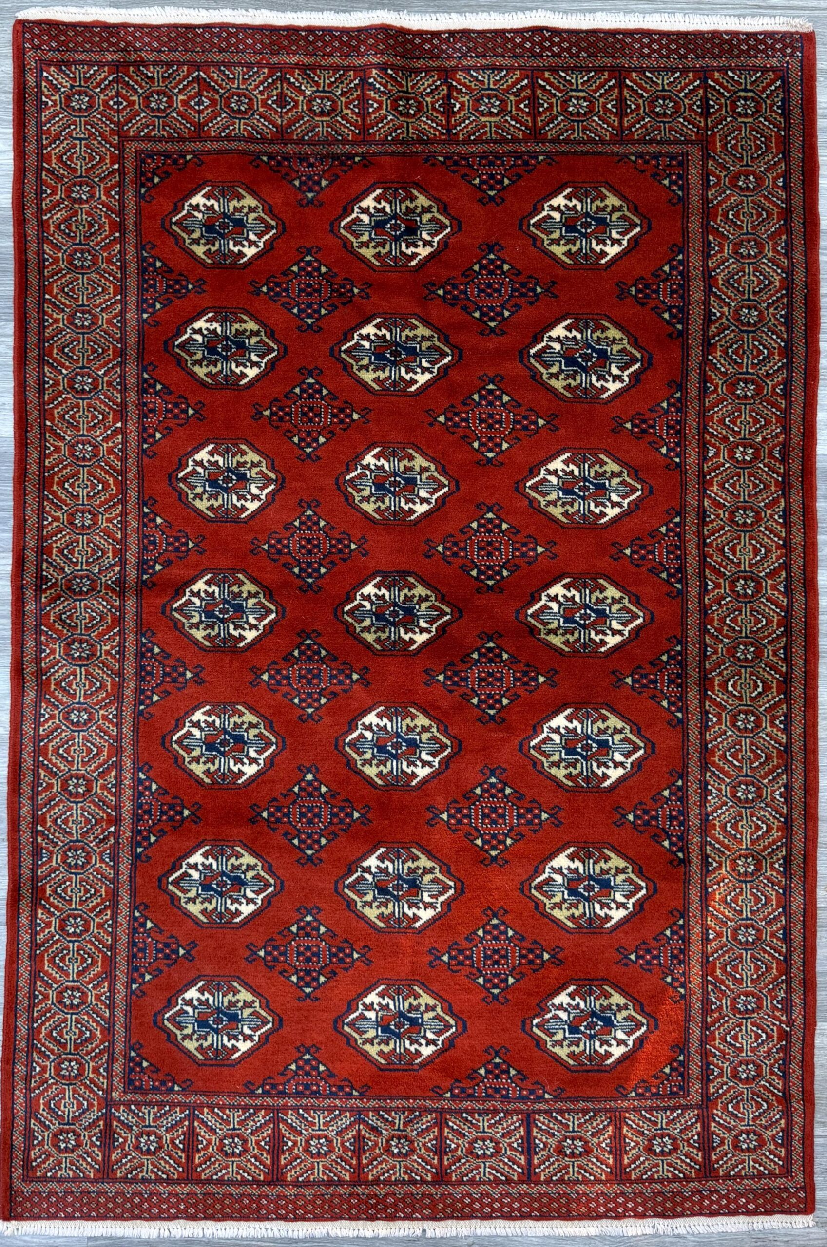 Vintage Pakistani Bokhara Rug 4×6 ft Hand Knotted Wool Red Jhaldar Area Rug