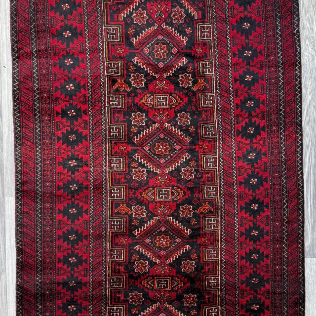 Balouch 6×3 Ft Hand Knotted Wool Rug 1990s Vintage Tribal Runner Dark Red Brown Geometric Boho Hallway Accent Area Floor Covering