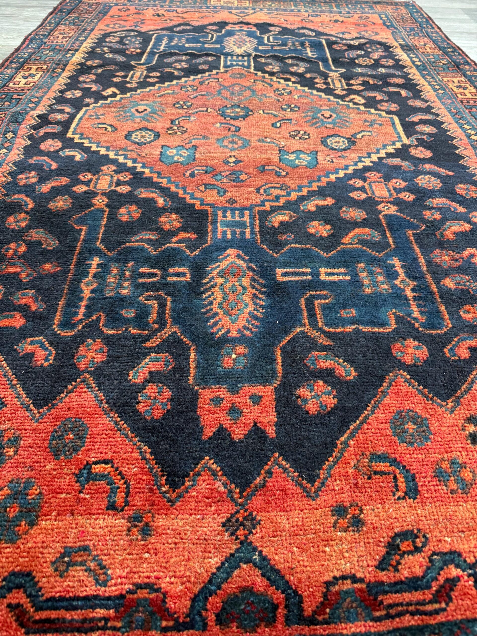 Vintage Turkish Rug 4×7 ft Hand Knotted Authentic Wool Anatolian Geometric Area Rug 1960s Tribal Medallion Carpet