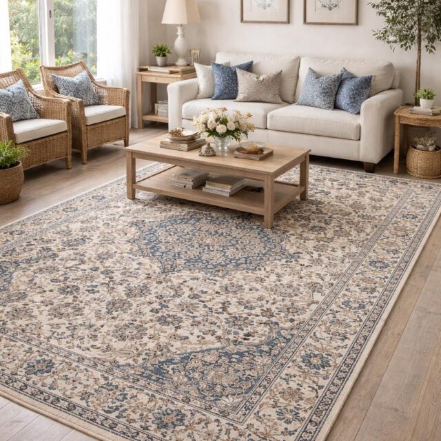 Turkish Beige Vintage Rug 6×10 ft Hand Knotted Wool Anatolian Traditional Area Rug 1970s Floral Medallion Carpet