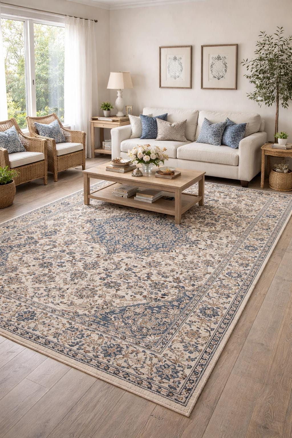Turkish Beige Vintage Rug 6×10 ft Hand Knotted Wool Anatolian Traditional Area Rug 1970s Floral Medallion Carpet