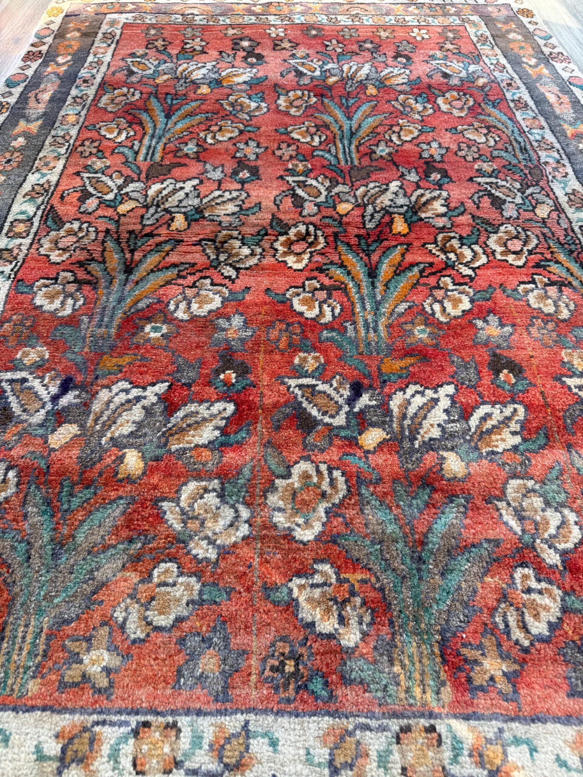 Vintage Turkish Rug 4×6 ft, Hand-Knotted Wool Floral Area Rug, Signed