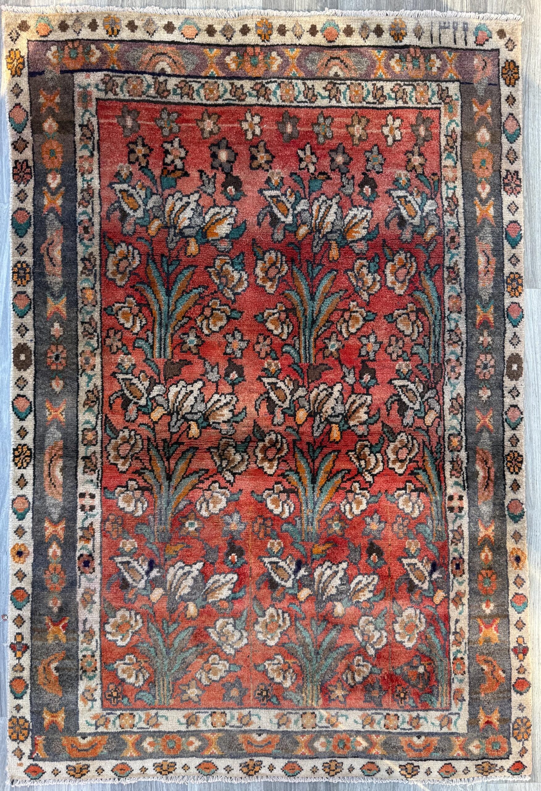 Vintage Turkish Rug 4×6 ft, Hand-Knotted Wool Floral Area Rug, Signed