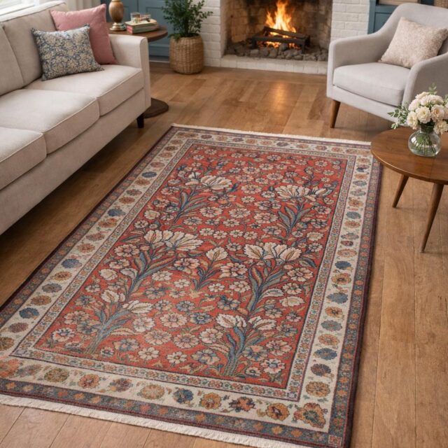 Vintage Turkish Rug 4×6 ft, Hand-Knotted Wool Floral Area Rug, Signed
