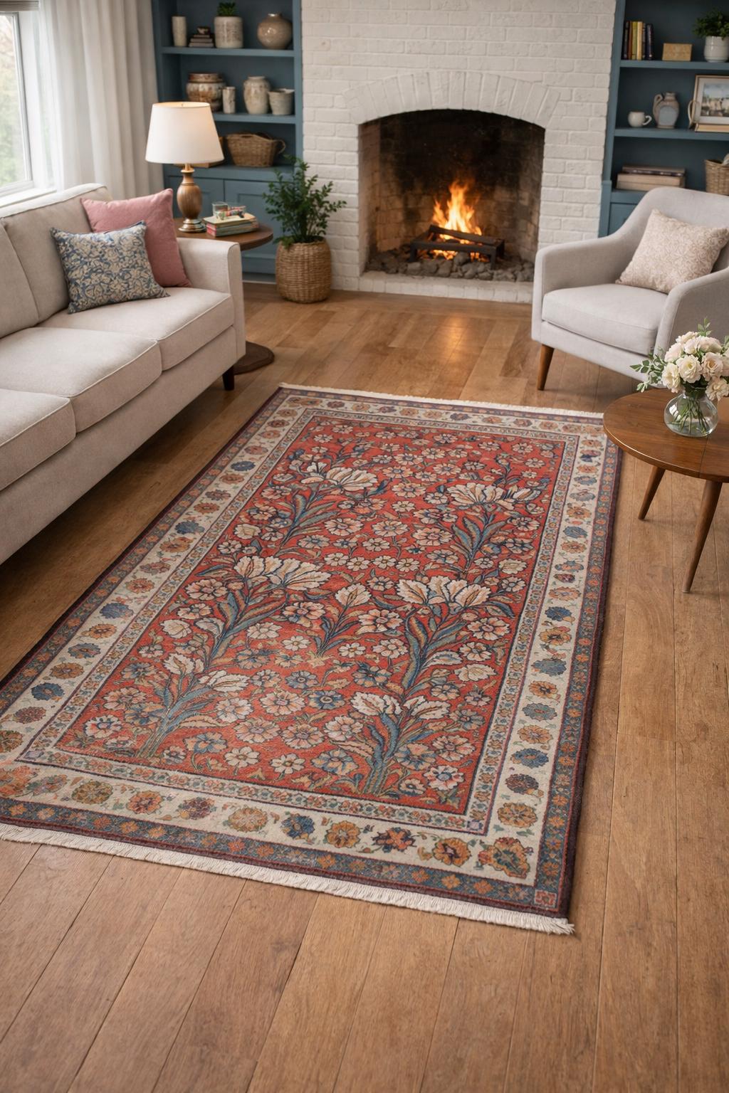 Vintage Turkish Rug 4×6 ft, Hand-Knotted Wool Floral Area Rug, Signed