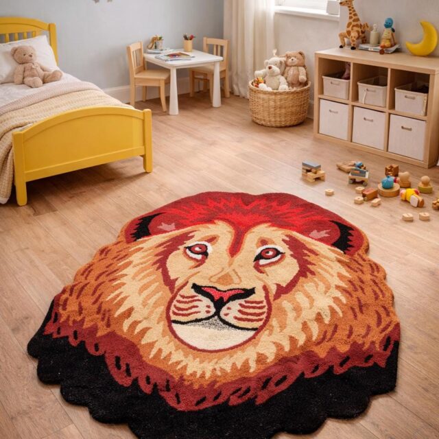 Handmade Wool Lion Rug: 4×4 Kids Nursery Play Mat