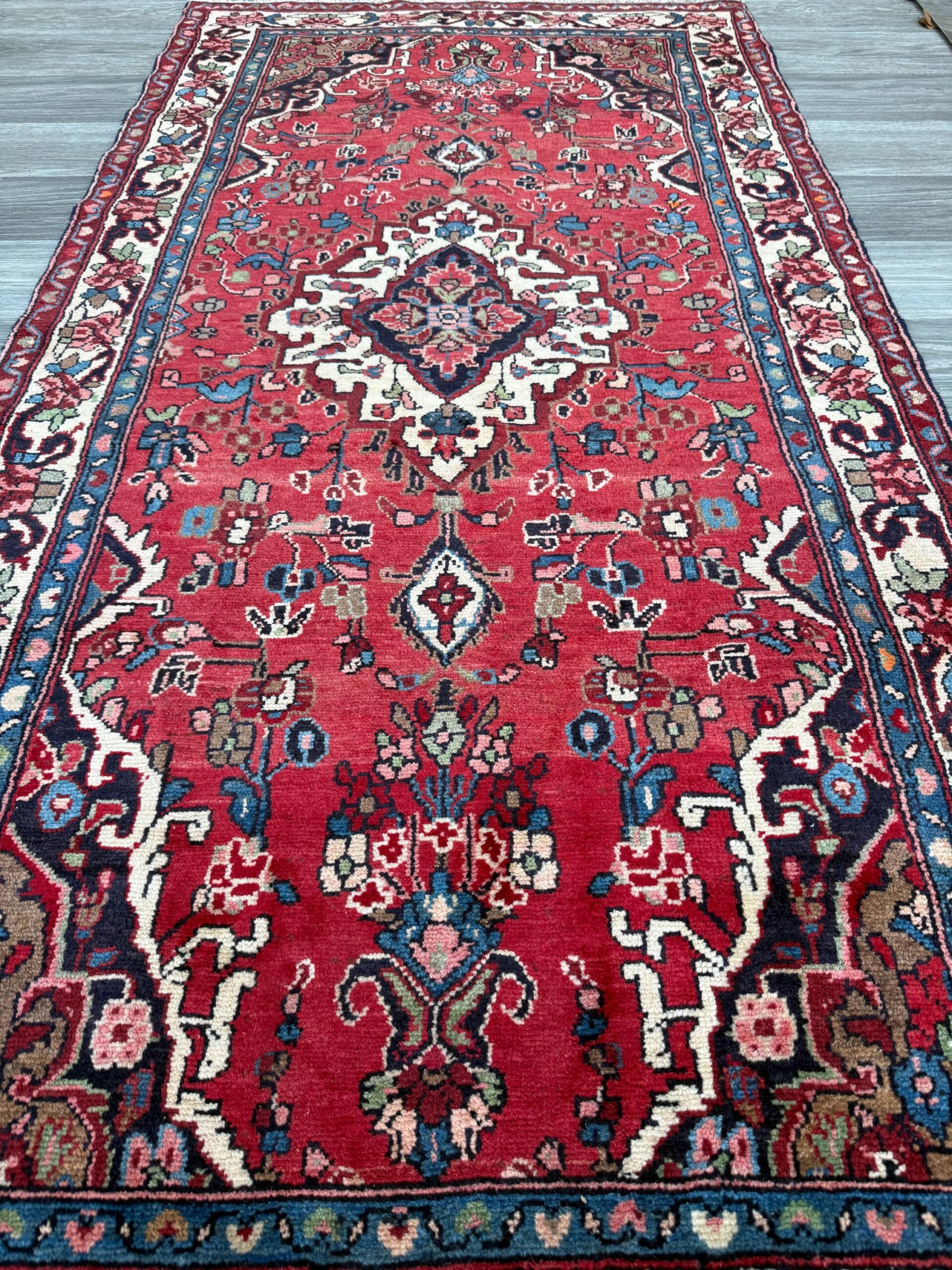 Vintage Turkish Rug 3.7×7.2 ft Hand Knotted Anatolian Tribal Geometric Runner 1960s