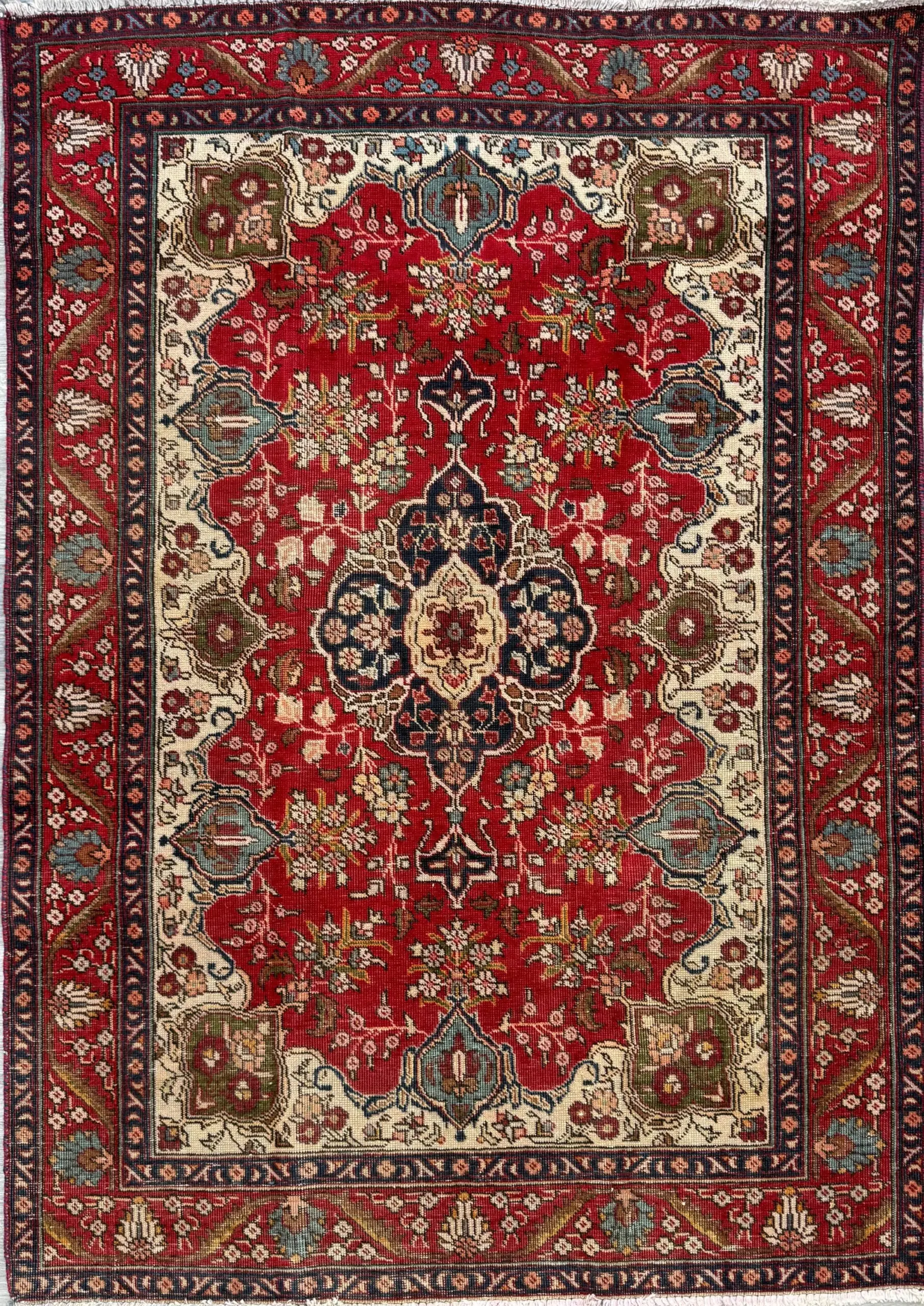 Vintage Hand Knotted Wool Area Rug – 1980s Tribal Geometric Tabriz Design 6.1 × 4.4 ft