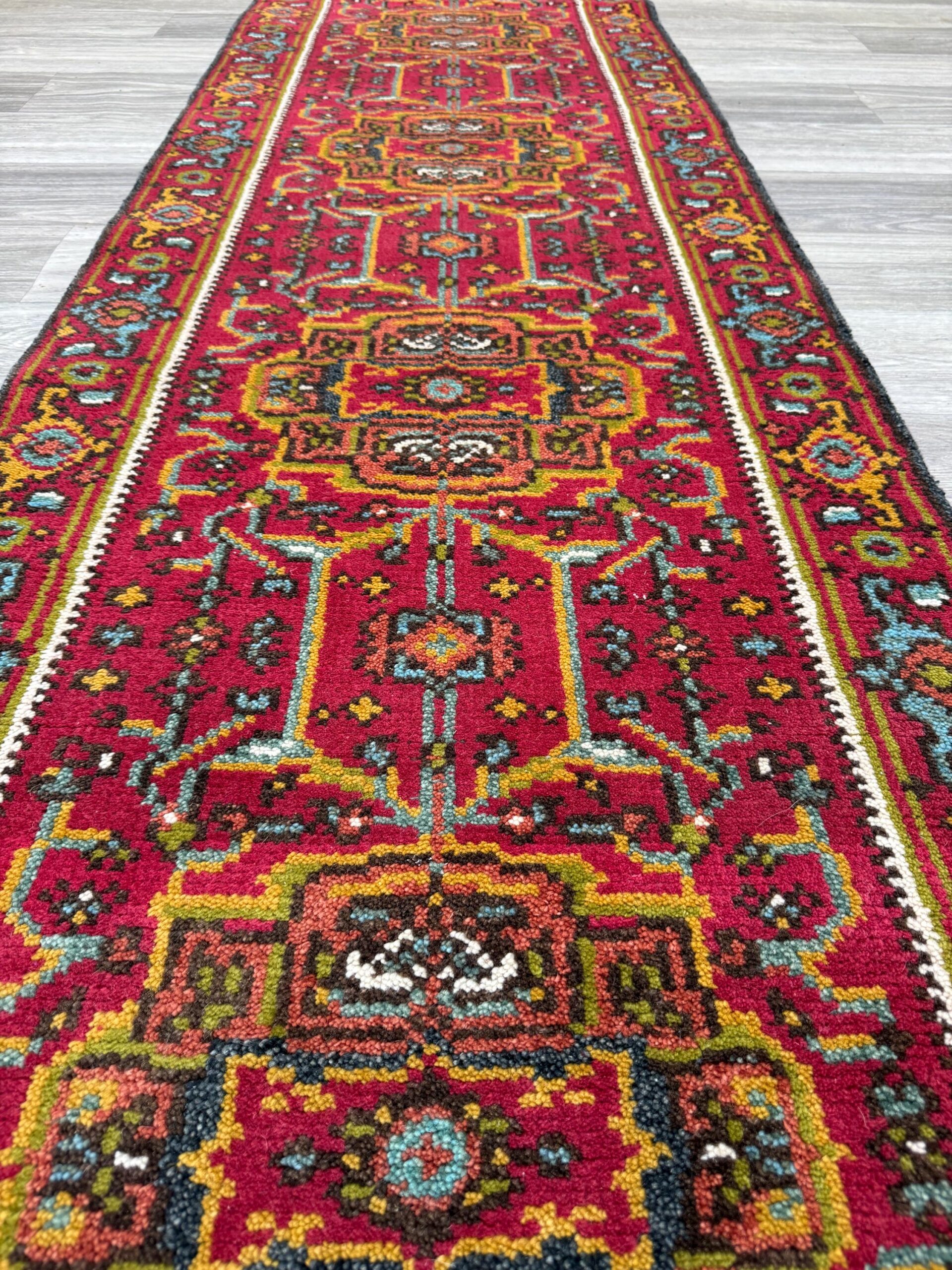 Turkish Oushak Rug 2.6×10 ft Wool Runner – Multicolored Geometric Bohemian Rug – Handmade Contemporary Design