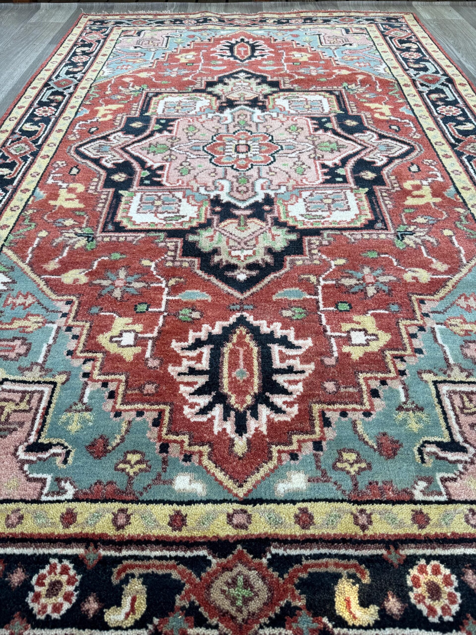 Handmade Wool Oushak Rug – Multicolored Geometric Bohemian Area Rug 5×8 ft