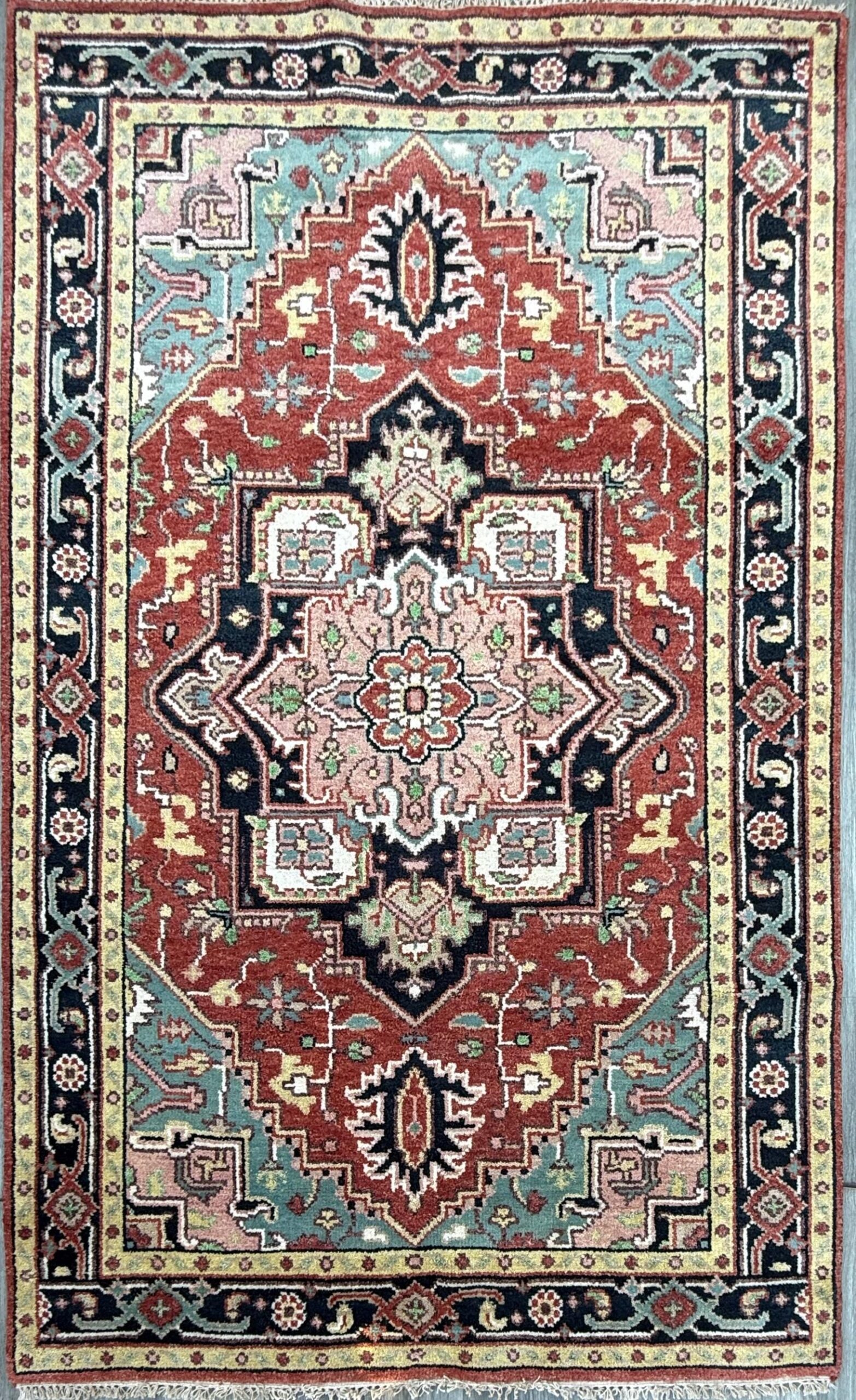 Handmade Wool Oushak Rug – Multicolored Geometric Bohemian Area Rug 5×8 ft
