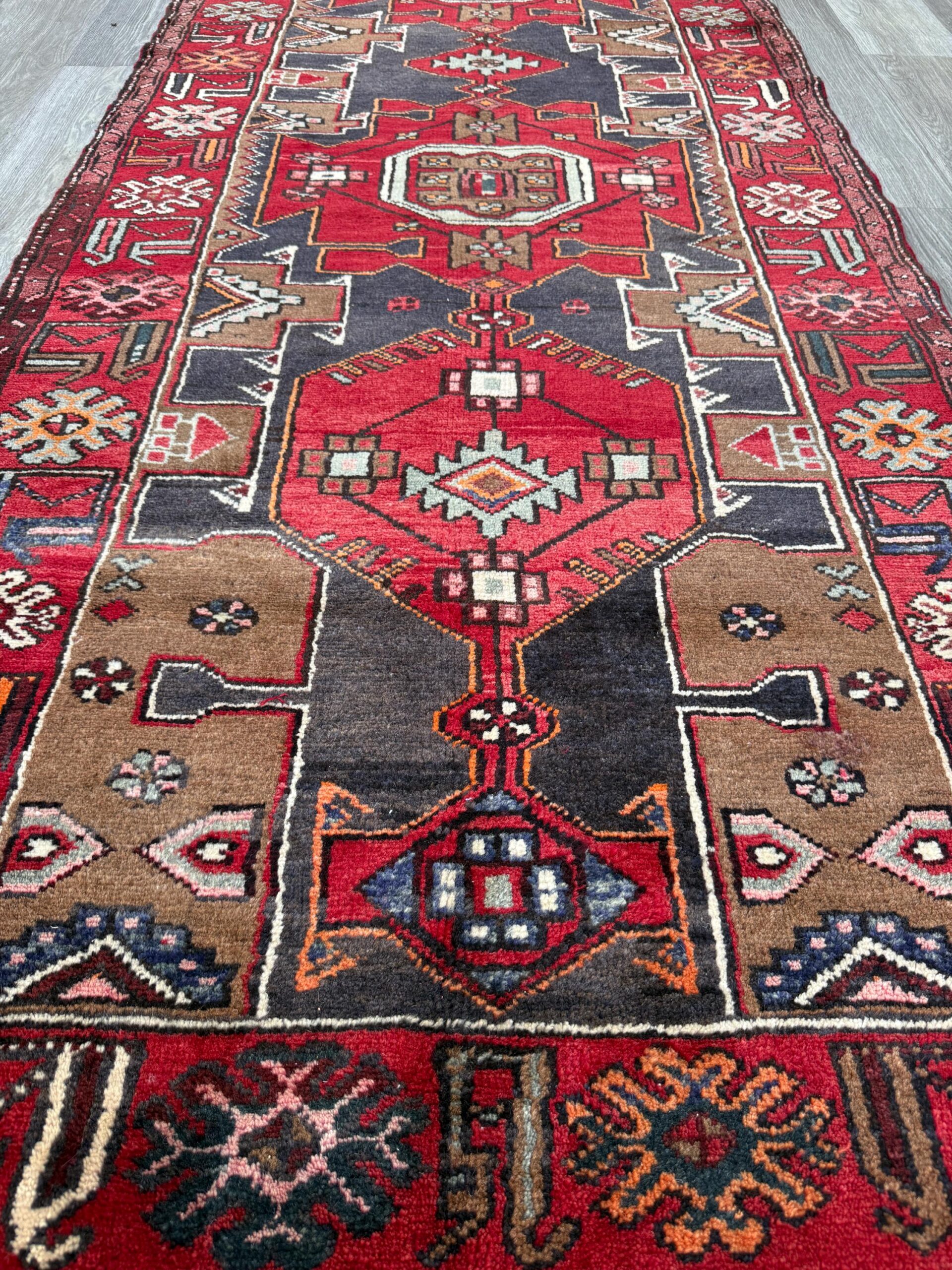 Vintage Turkish Rug 3.6×10.1 ft Hand Knotted Wool Anatolian Geometric Runner 1970s