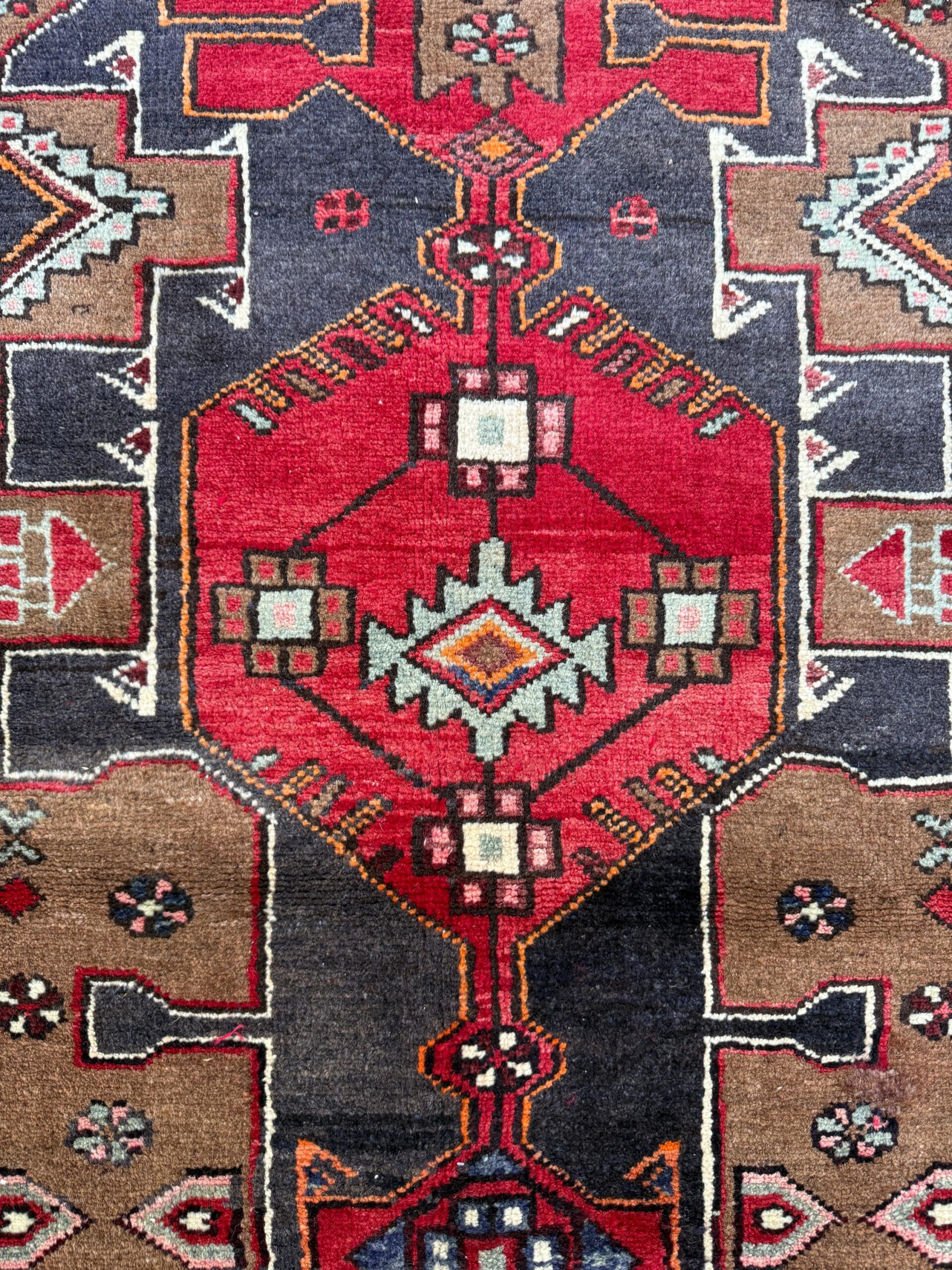 Vintage Turkish Rug 3.6×10.1 ft Hand Knotted Wool Anatolian Geometric Runner 1970s