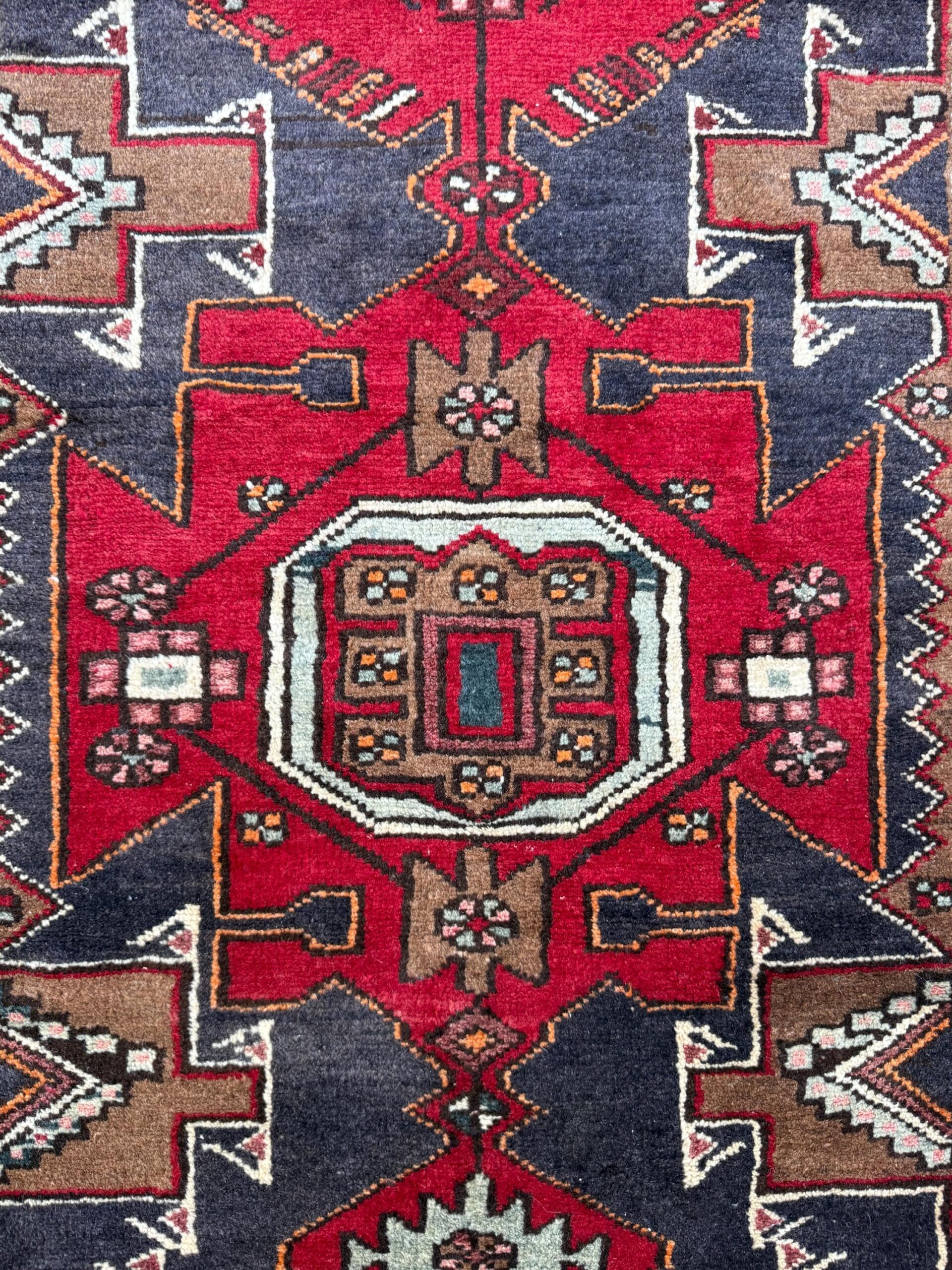 Vintage Turkish Rug 3.6×10.1 ft Hand Knotted Wool Anatolian Geometric Runner 1970s