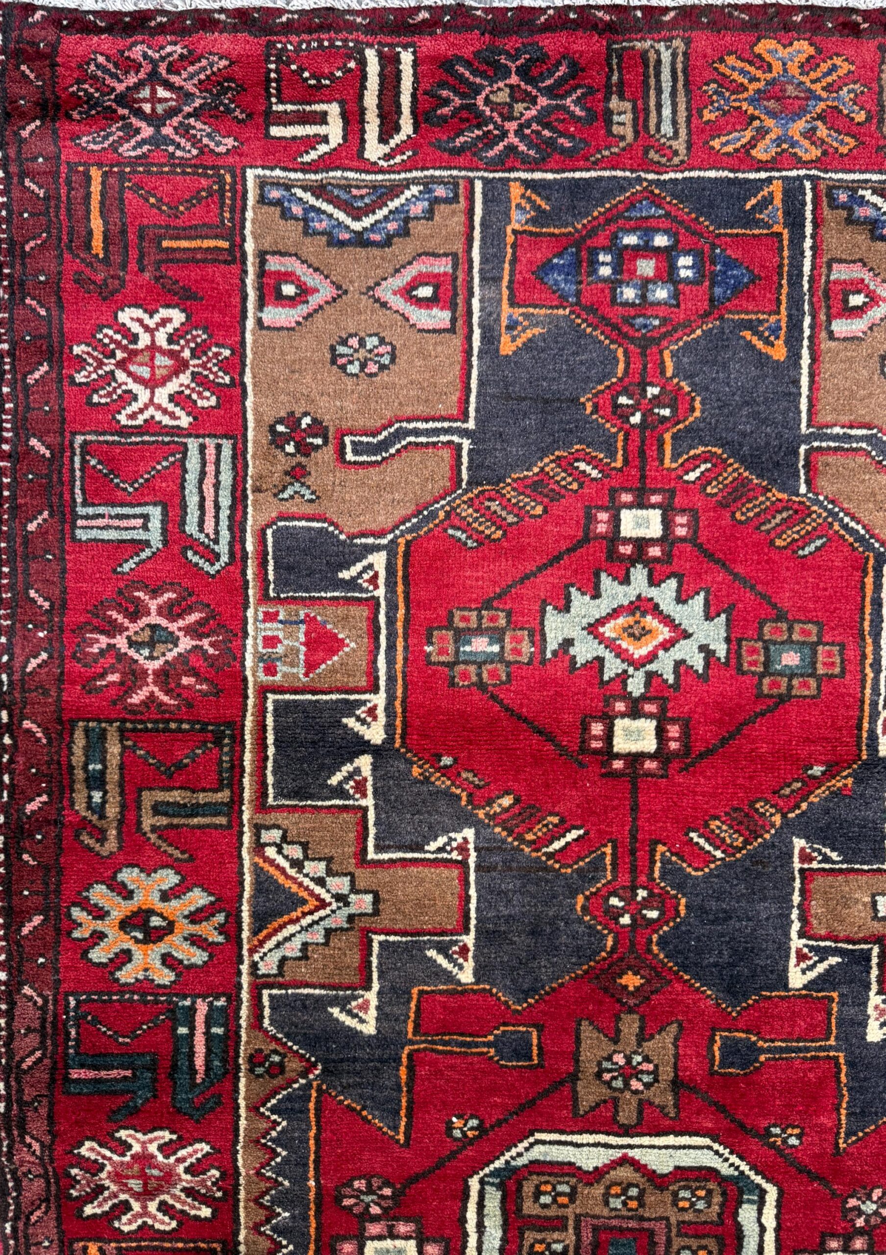 Vintage Turkish Rug 3.6×10.1 ft Hand Knotted Wool Anatolian Geometric Runner 1970s