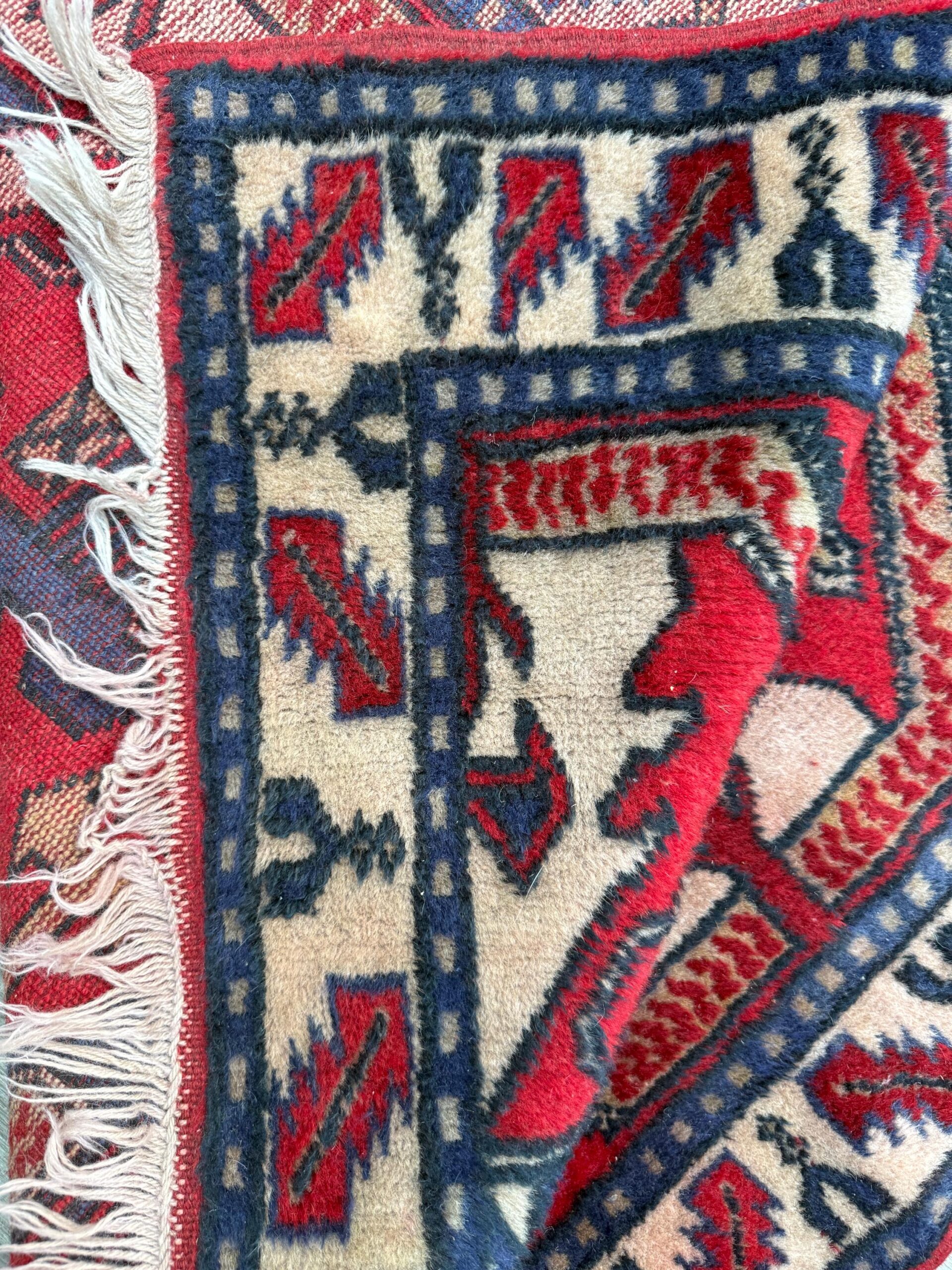 Vintage Kazak Style Rug 3×6 ft Hand Knotted Wool Tribal Geometric Area Rug 1980s