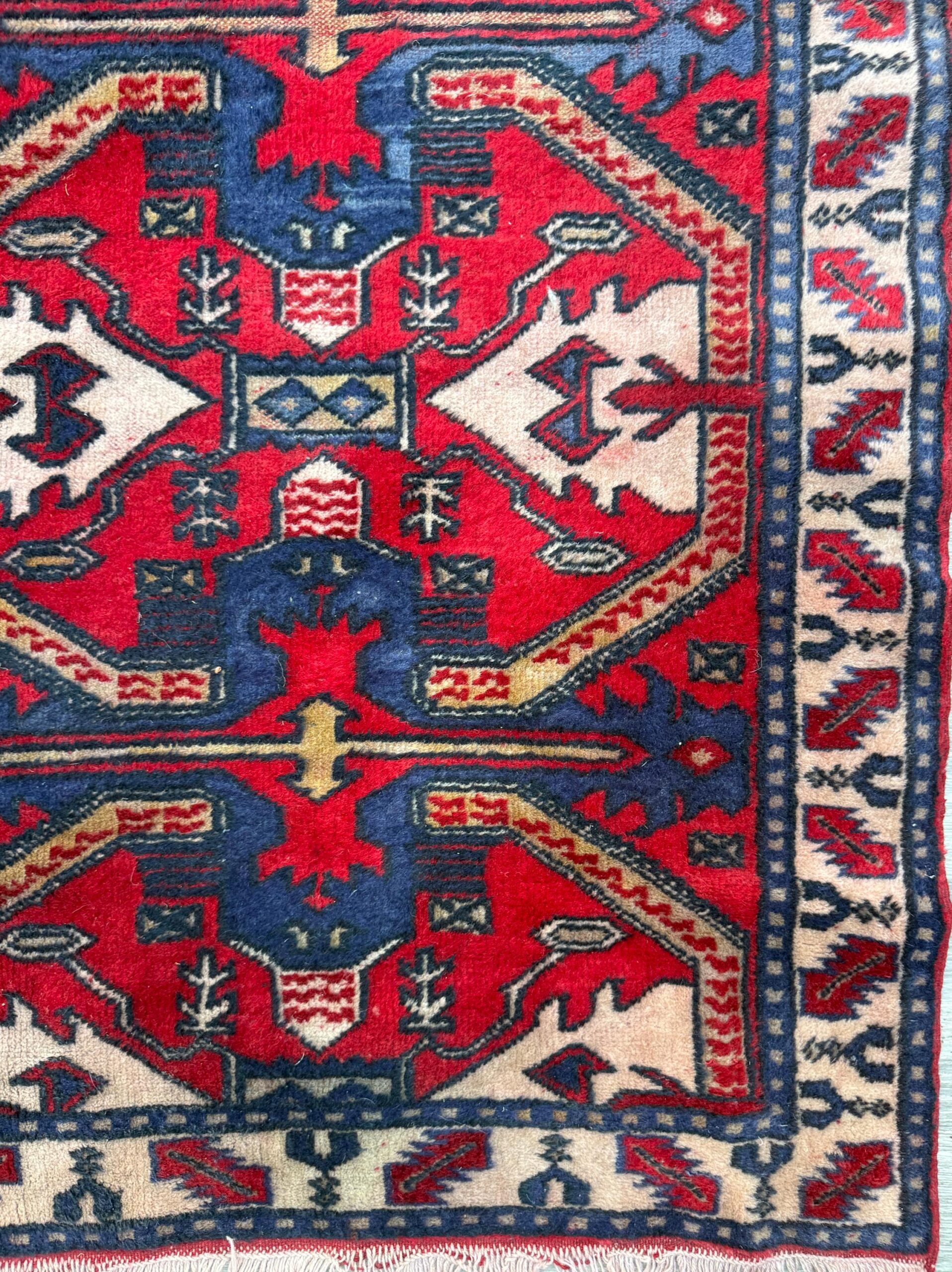 Vintage Kazak Style Rug 3×6 ft Hand Knotted Wool Tribal Geometric Area Rug 1980s