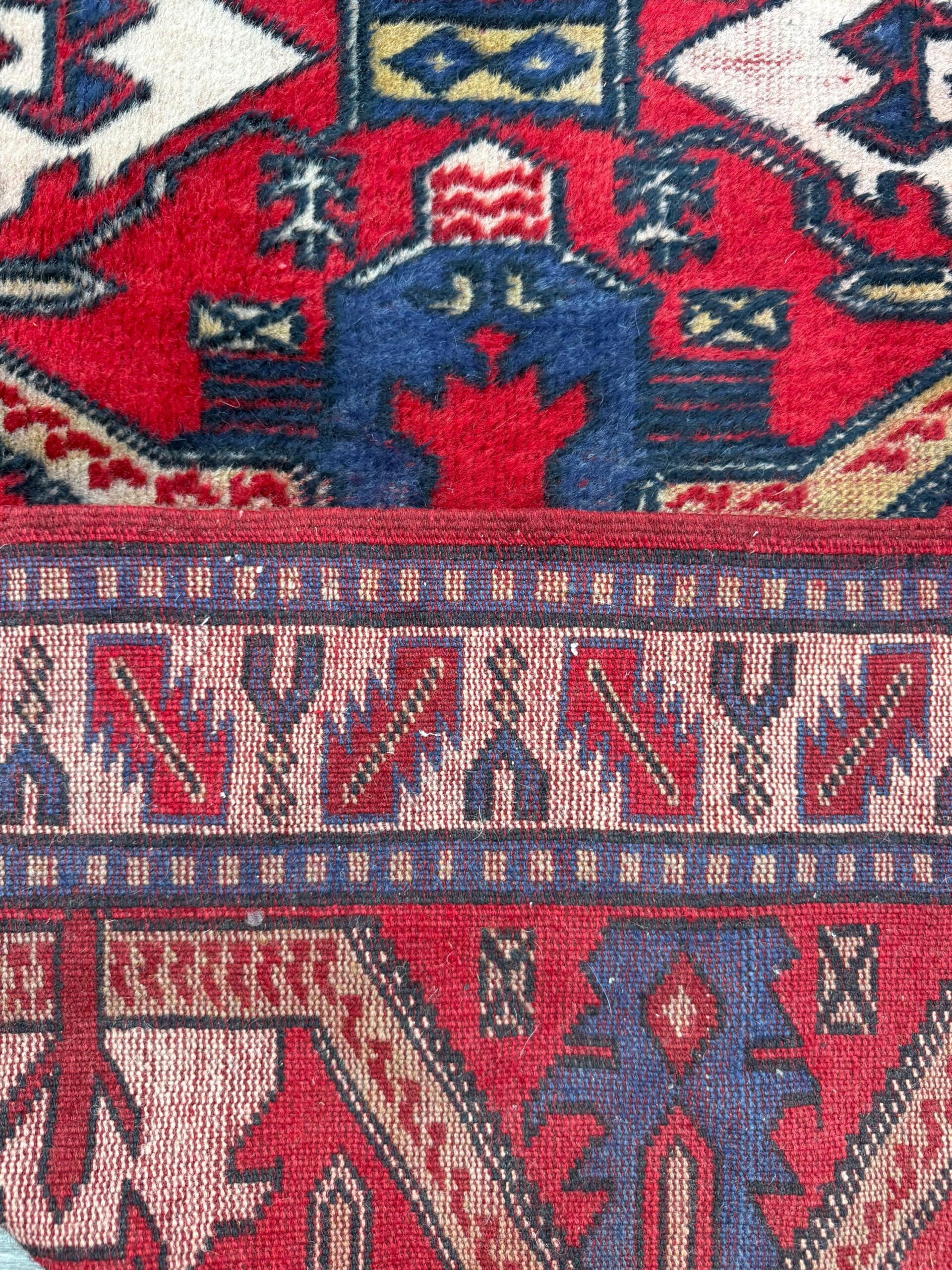 Vintage Kazak Style Rug 3×6 ft Hand Knotted Wool Tribal Geometric Area Rug 1980s