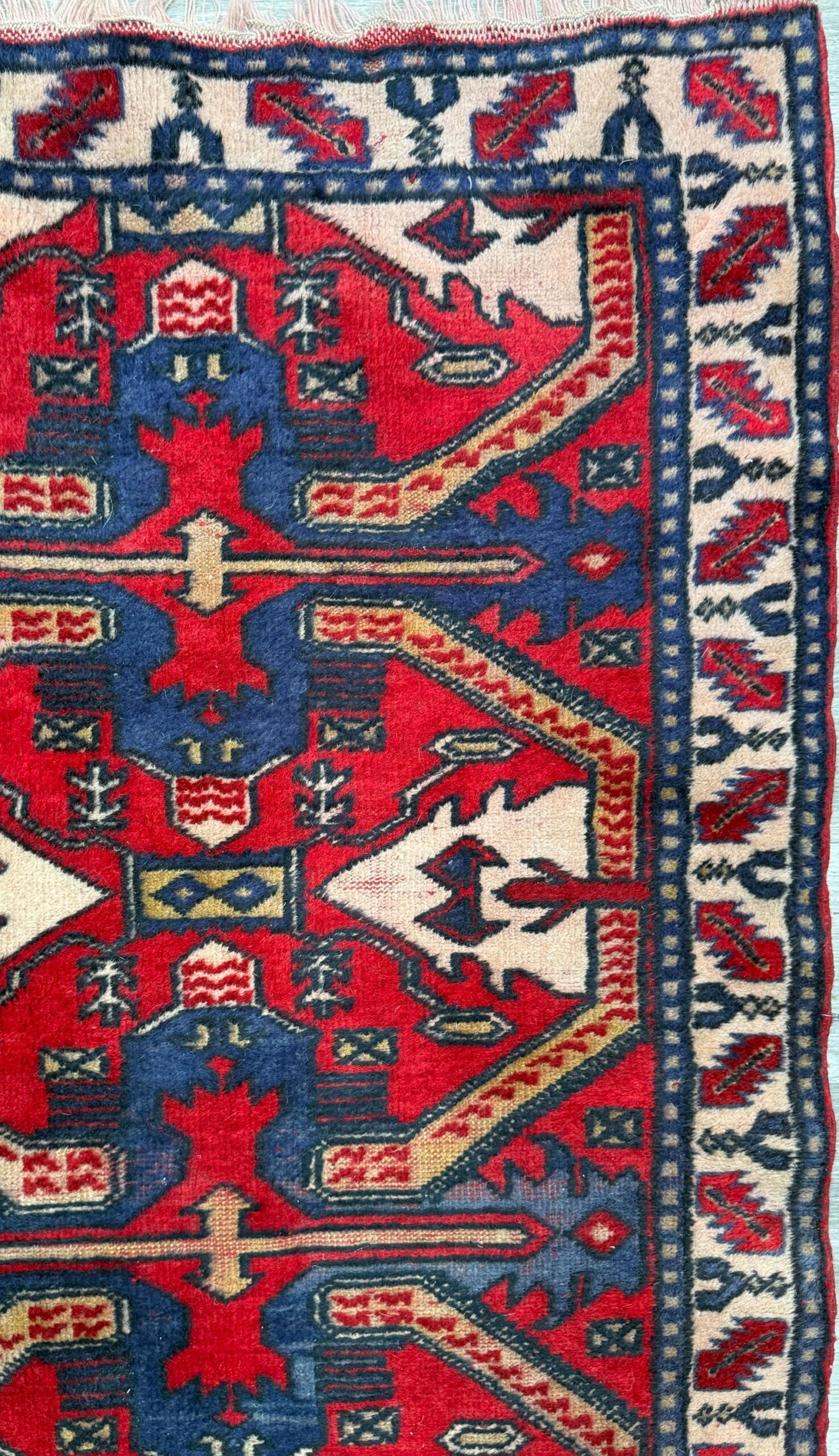 Vintage Kazak Style Rug 3×6 ft Hand Knotted Wool Tribal Geometric Area Rug 1980s