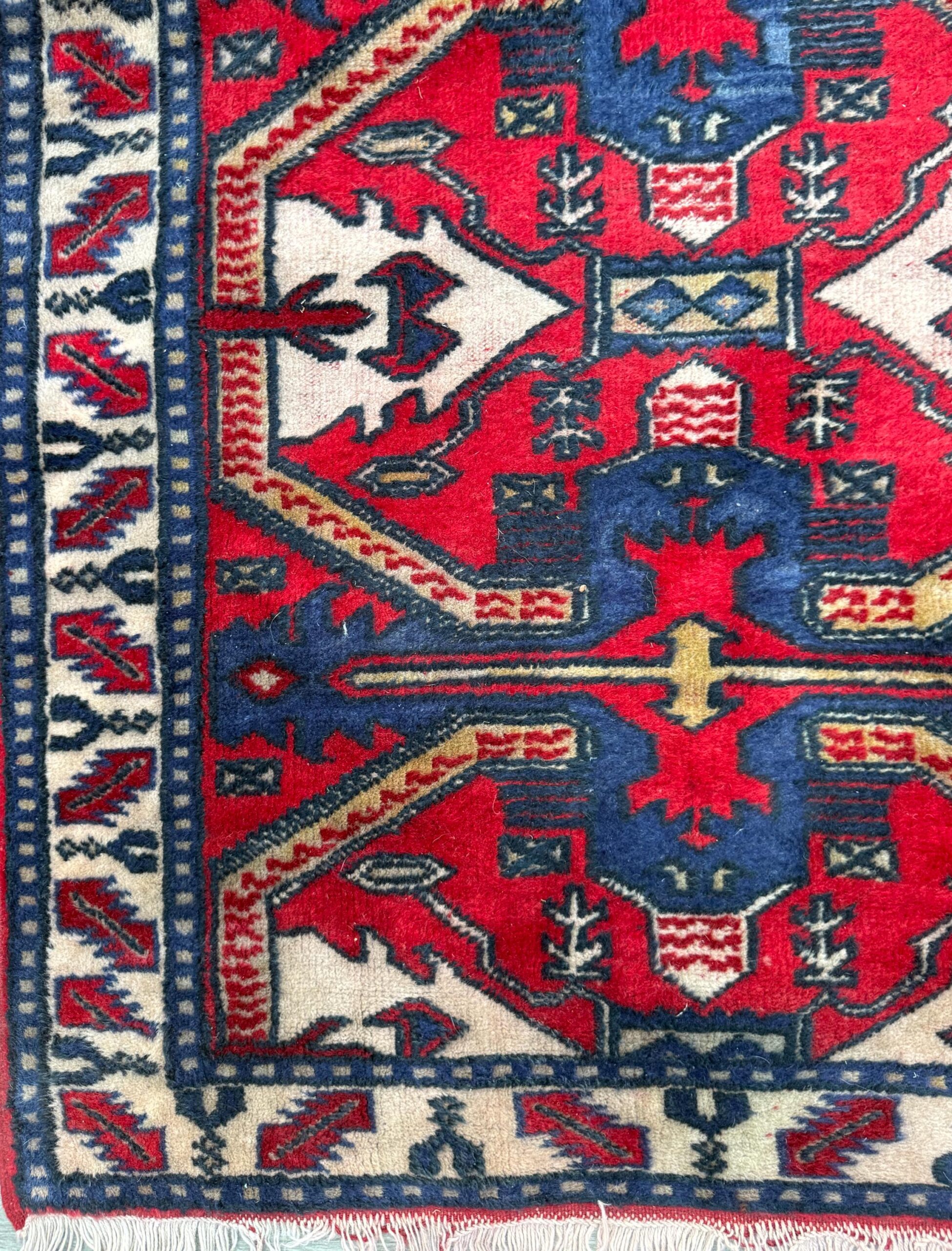 Vintage Kazak Style Rug 3×6 ft Hand Knotted Wool Tribal Geometric Area Rug 1980s
