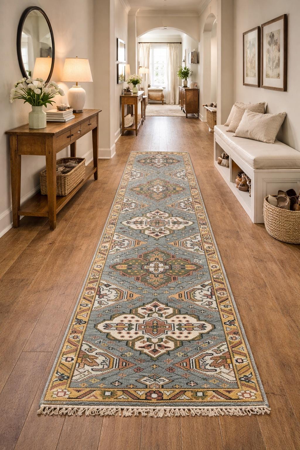 Turkish Oushak Rug 2.6×10.4 ft Handmade Multicolored Wool Runner Modern Bohemian Area Rug