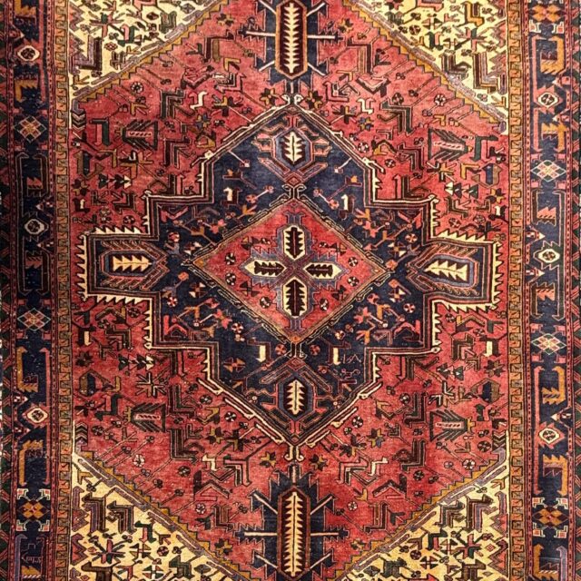Vintage Turkish Rug 7.3×10.6 ft – Hand Knotted Anatolian Tribal Geometric Area Rug – Authentic 1970s Wool Carpet