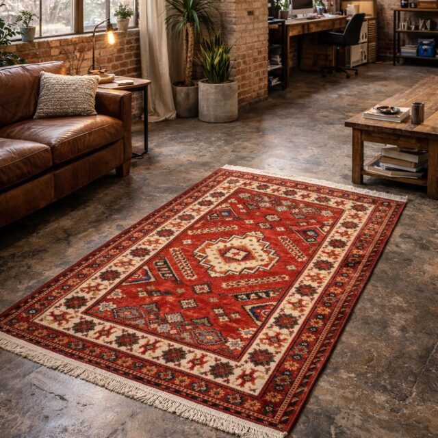 Handmade Wool Oushak Rug – Geometric Bohemian Area Carpet 3.2×5 ft