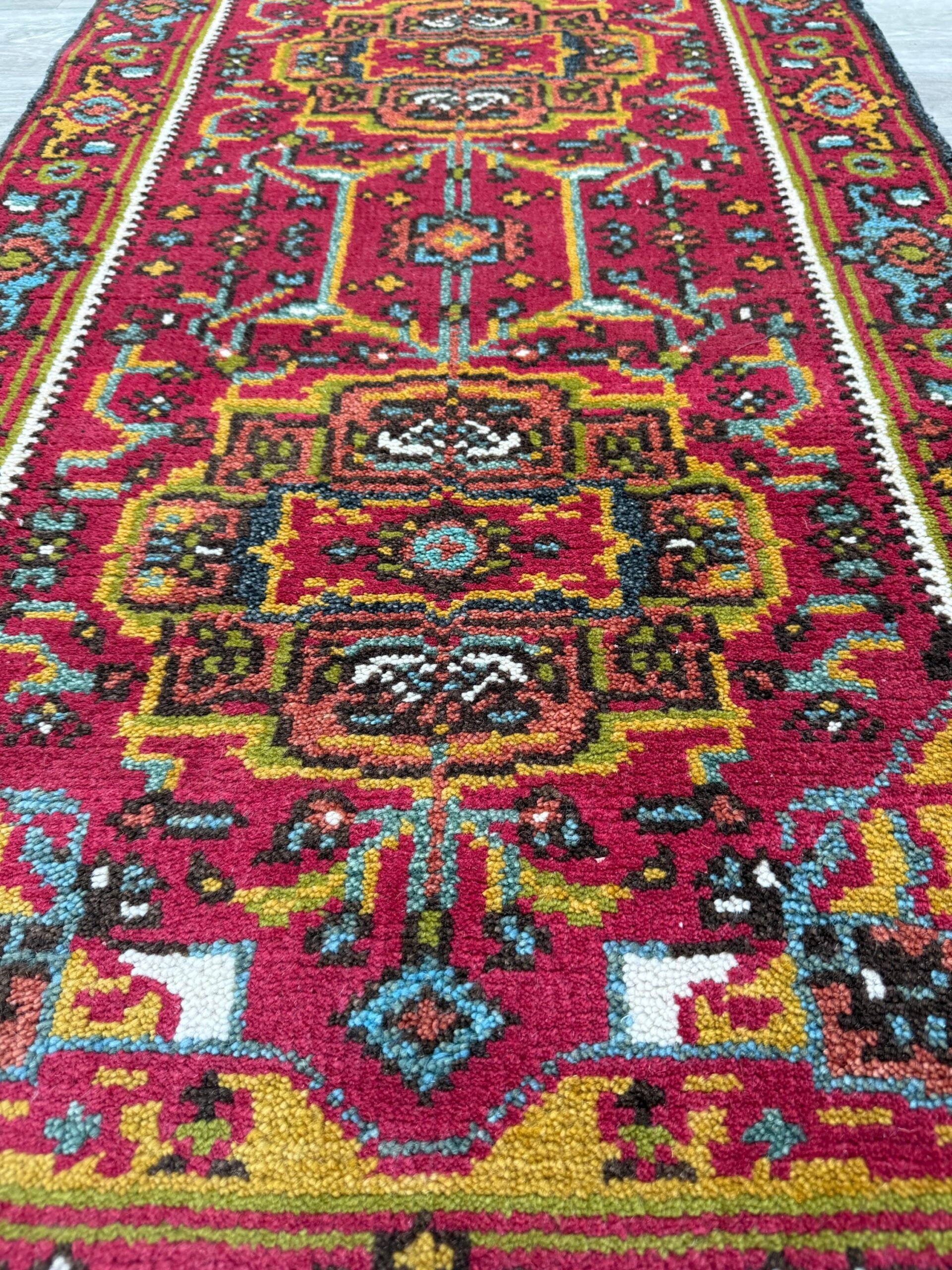 Turkish Oushak Rug 2.6×10 ft Wool Runner – Multicolored Geometric Bohemian Rug – Handmade Contemporary Design