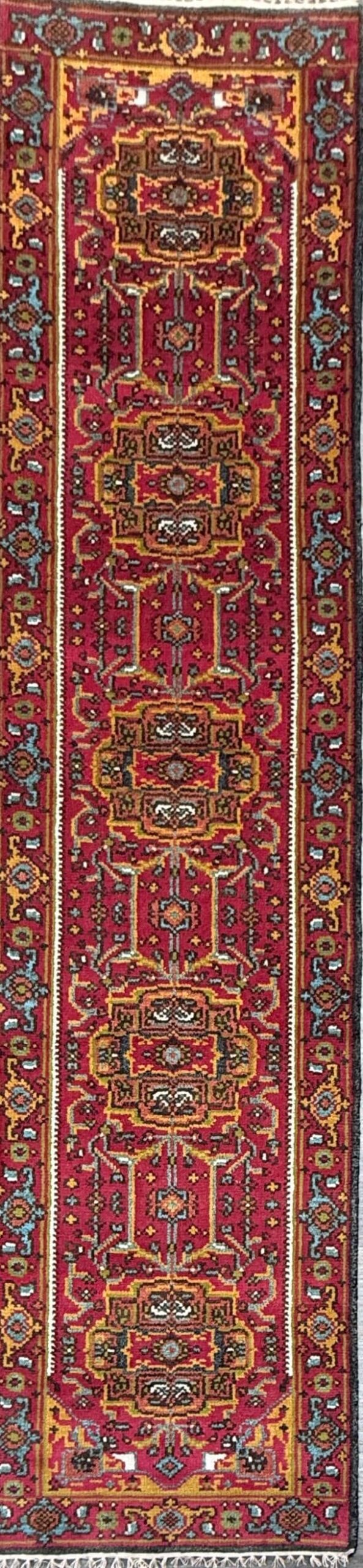 Turkish Oushak Rug 2.6×10 ft Wool Runner – Multicolored Geometric Bohemian Rug – Handmade Contemporary Design