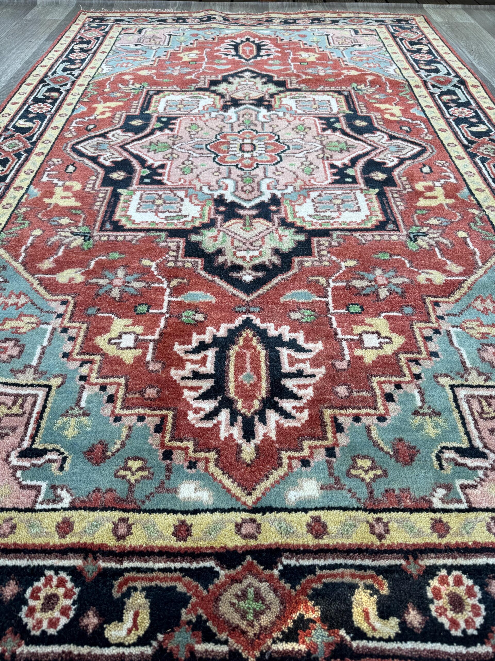 Handmade Wool Oushak Rug – Multicolored Geometric Bohemian Area Rug 5×8 ft