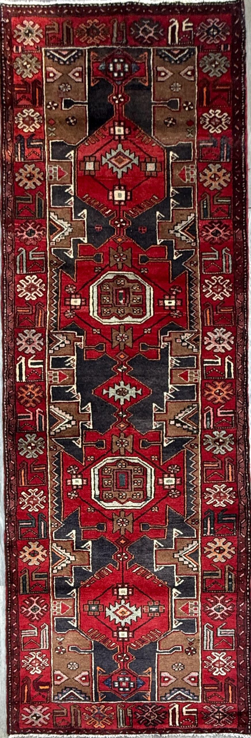 Vintage Turkish Rug 3.6×10.1 ft Hand Knotted Wool Anatolian Geometric Runner 1970s