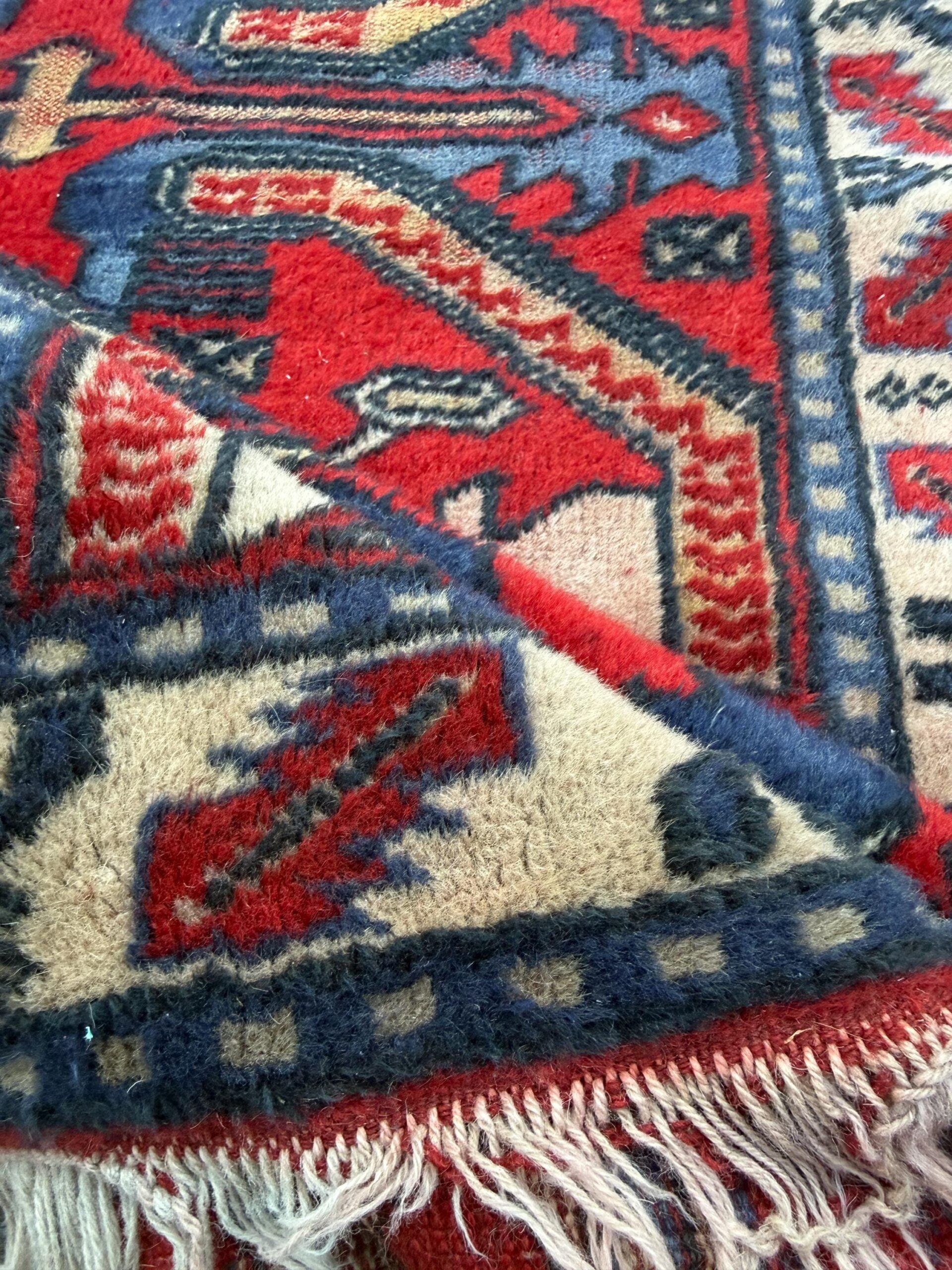 Vintage Kazak Style Rug 3×6 ft Hand Knotted Wool Tribal Geometric Area Rug 1980s