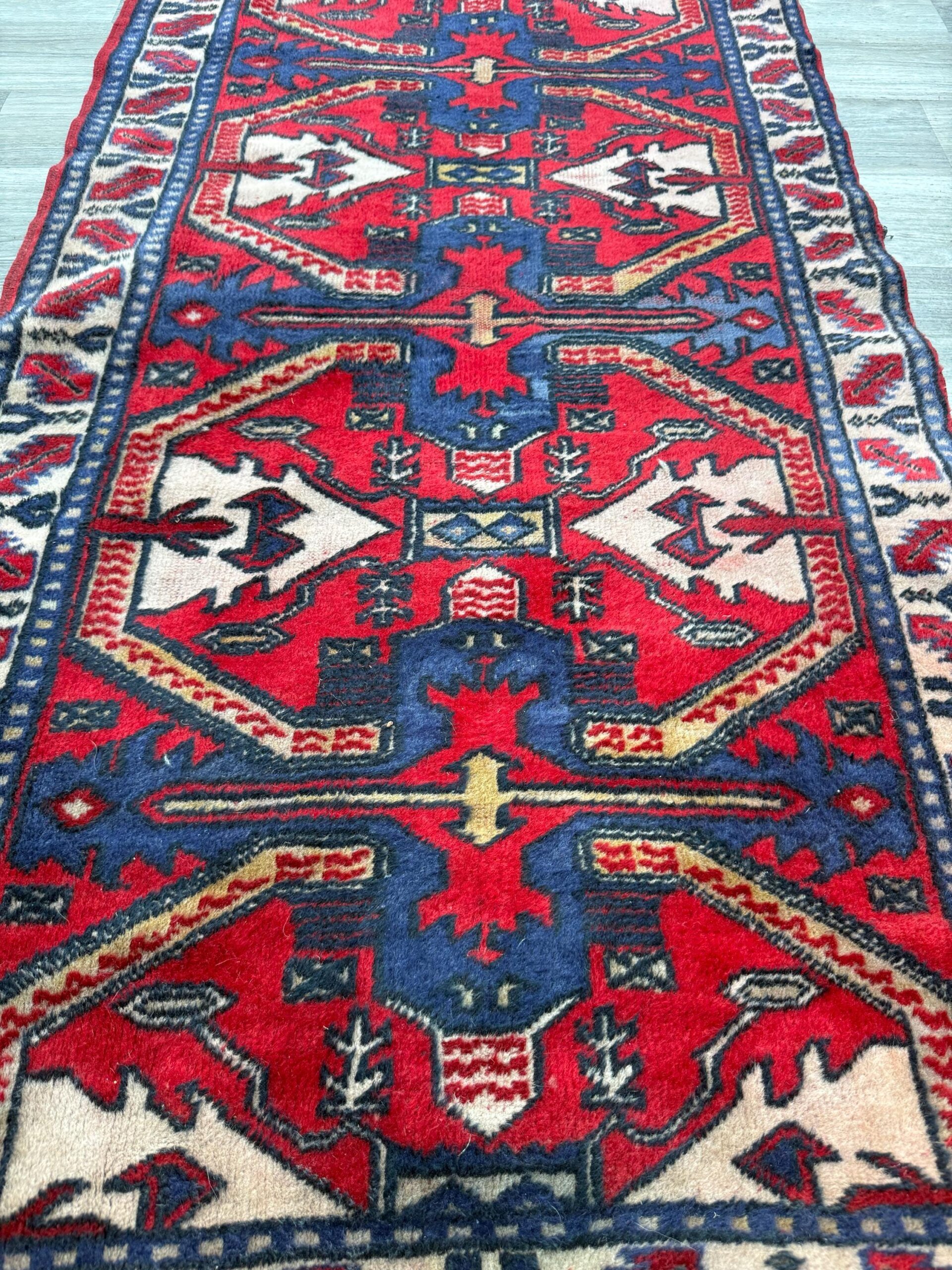 Vintage Kazak Style Rug 3×6 ft Hand Knotted Wool Tribal Geometric Area Rug 1980s