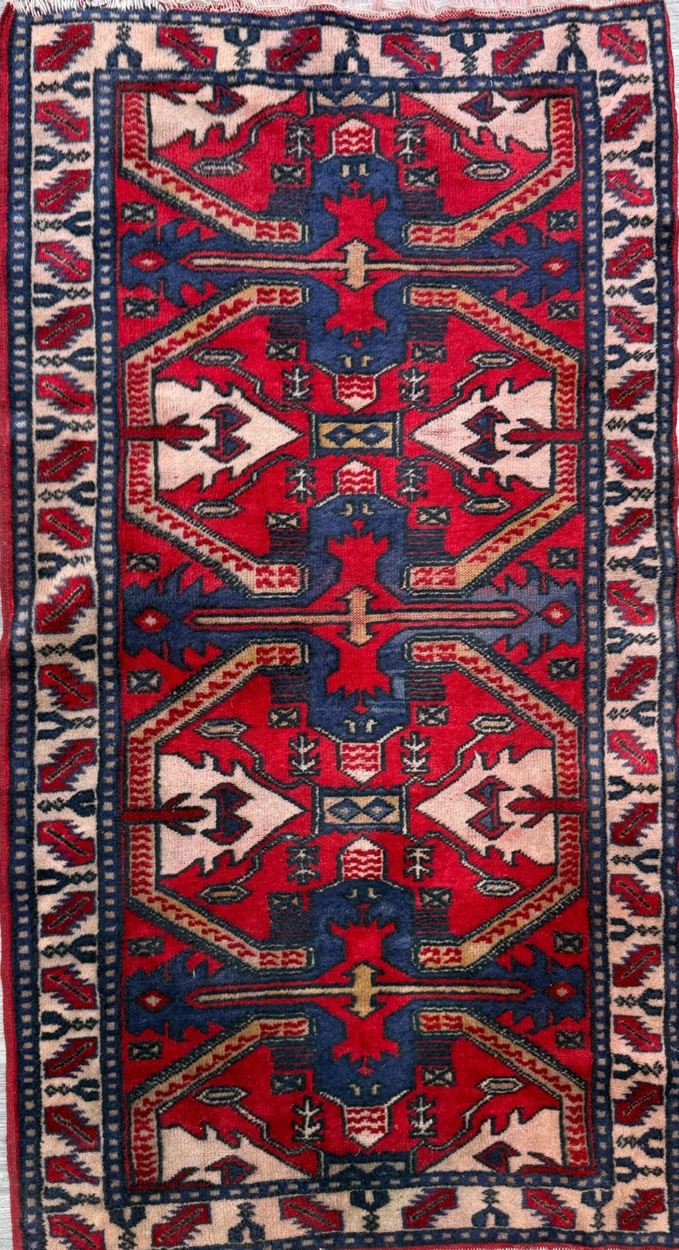 Vintage Kazak Style Rug 3×6 ft Hand Knotted Wool Tribal Geometric Area Rug 1980s