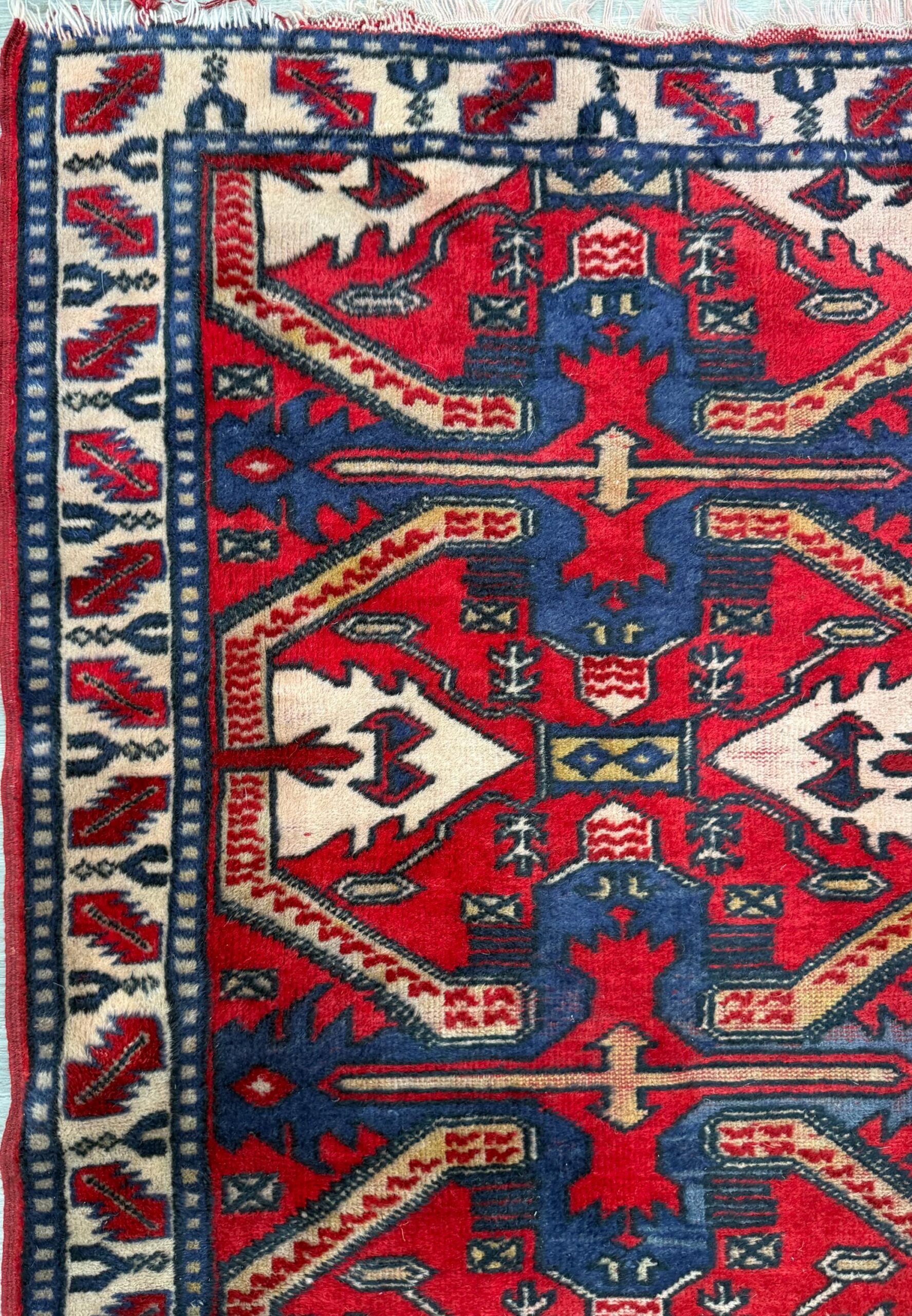 Vintage Kazak Style Rug 3×6 ft Hand Knotted Wool Tribal Geometric Area Rug 1980s