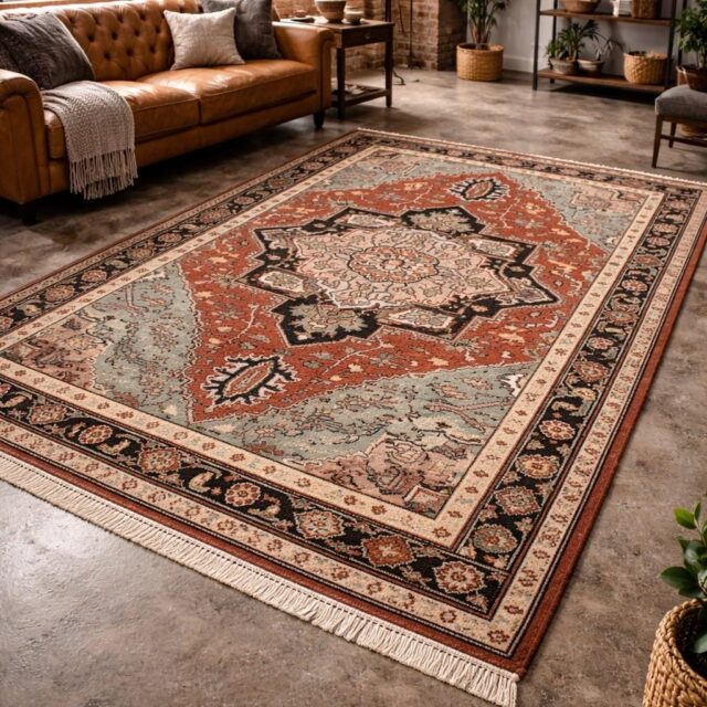 Handmade Wool Oushak Rug – Multicolored Geometric Bohemian Area Rug 5×8 ft