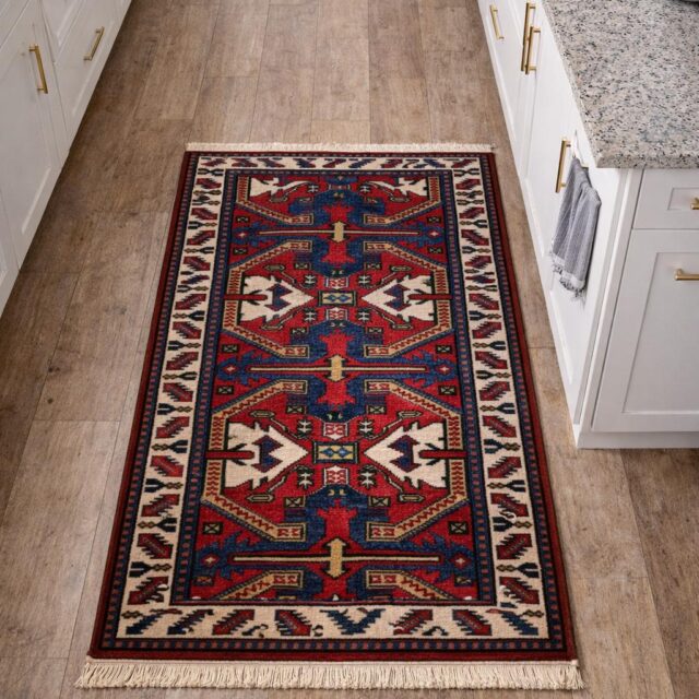 Vintage Kazak Style Rug 3×6 ft Hand Knotted Wool Tribal Geometric Area Rug 1980s