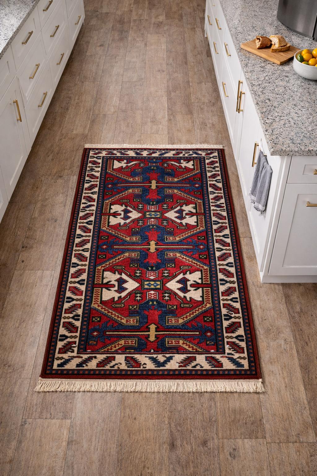 Vintage Kazak Style Rug 3×6 ft Hand Knotted Wool Tribal Geometric Area Rug 1980s