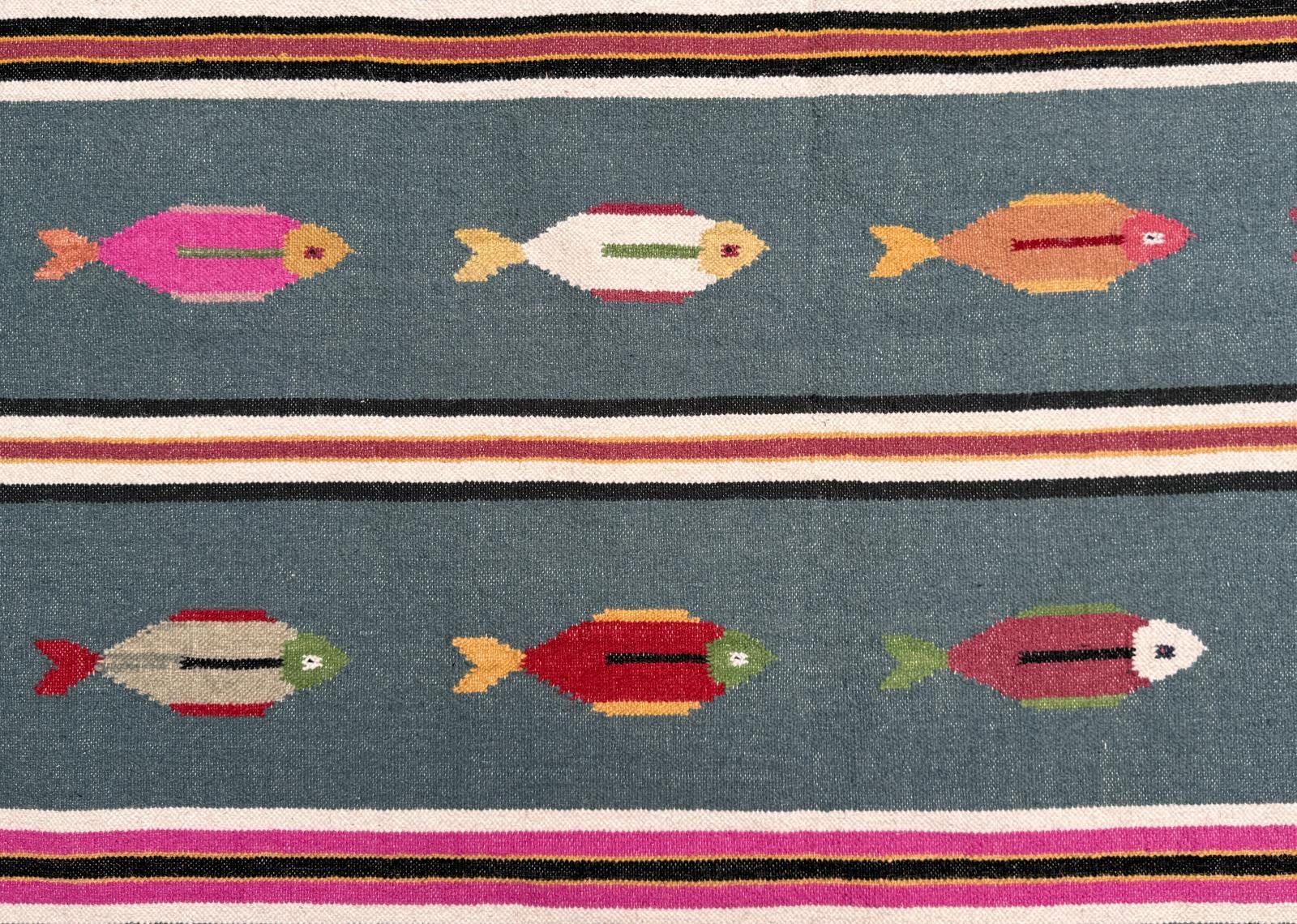 6×9 ft Handwoven Kilim Rug: Wool Geometric Flatweave Fish Design
