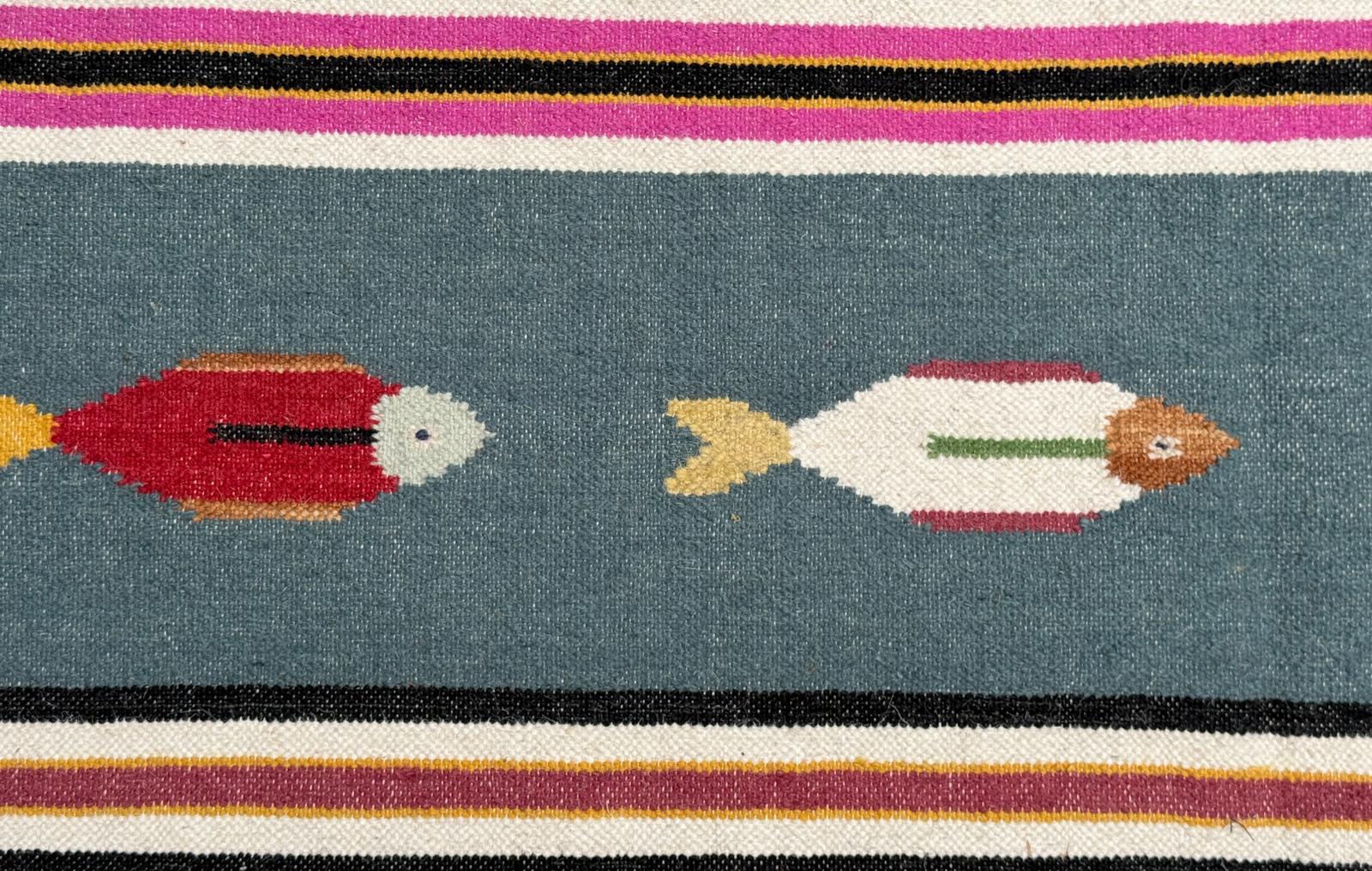 6×9 ft Handwoven Kilim Rug: Wool Geometric Flatweave Fish Design