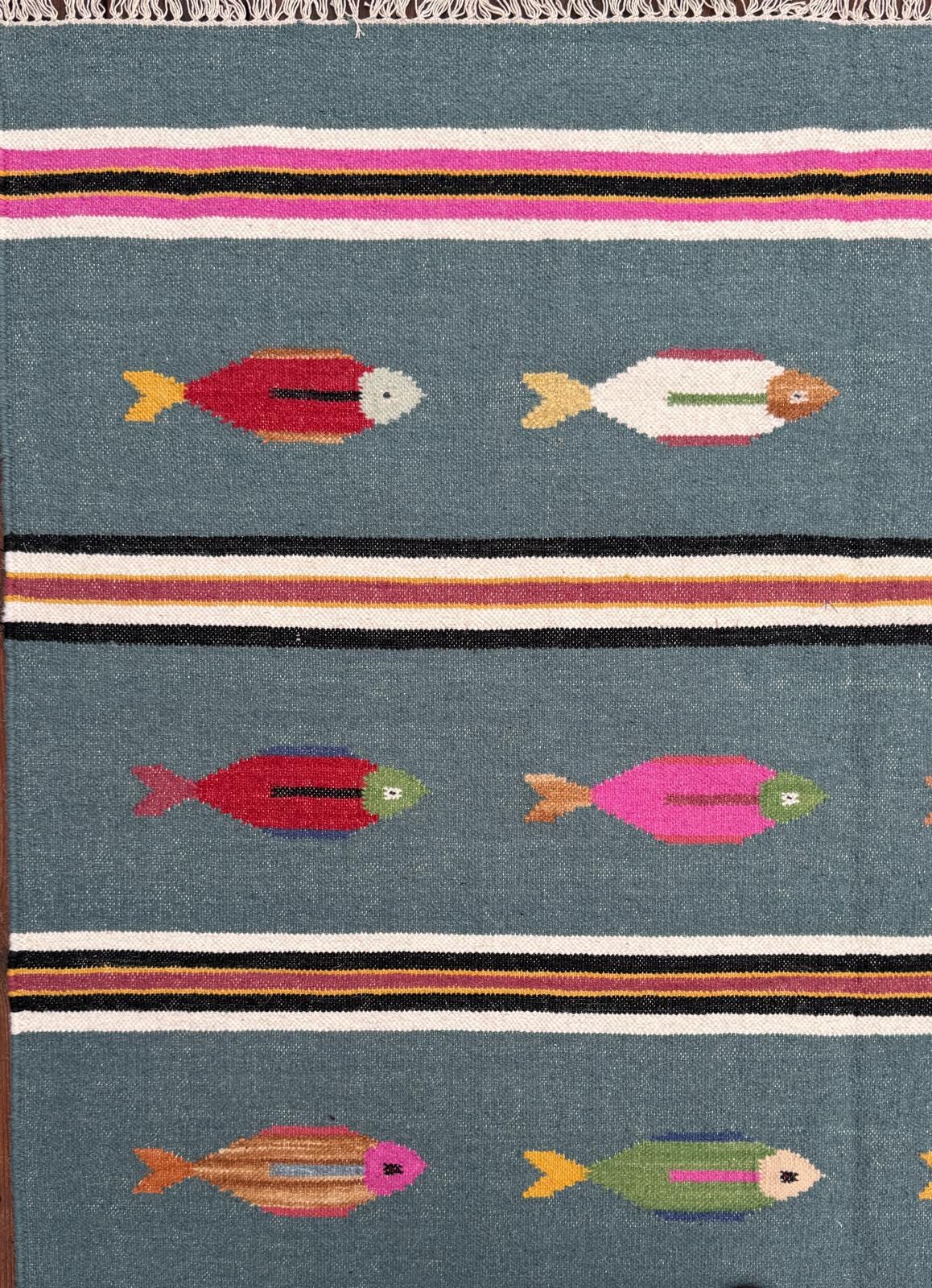 6×9 ft Handwoven Kilim Rug: Wool Geometric Flatweave Fish Design